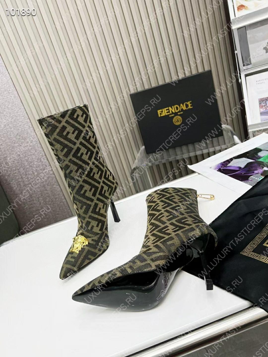 VERSACE FENDACE FF JACQUARD ANKLE BOOTS BROWN AND BEIGE 1004496