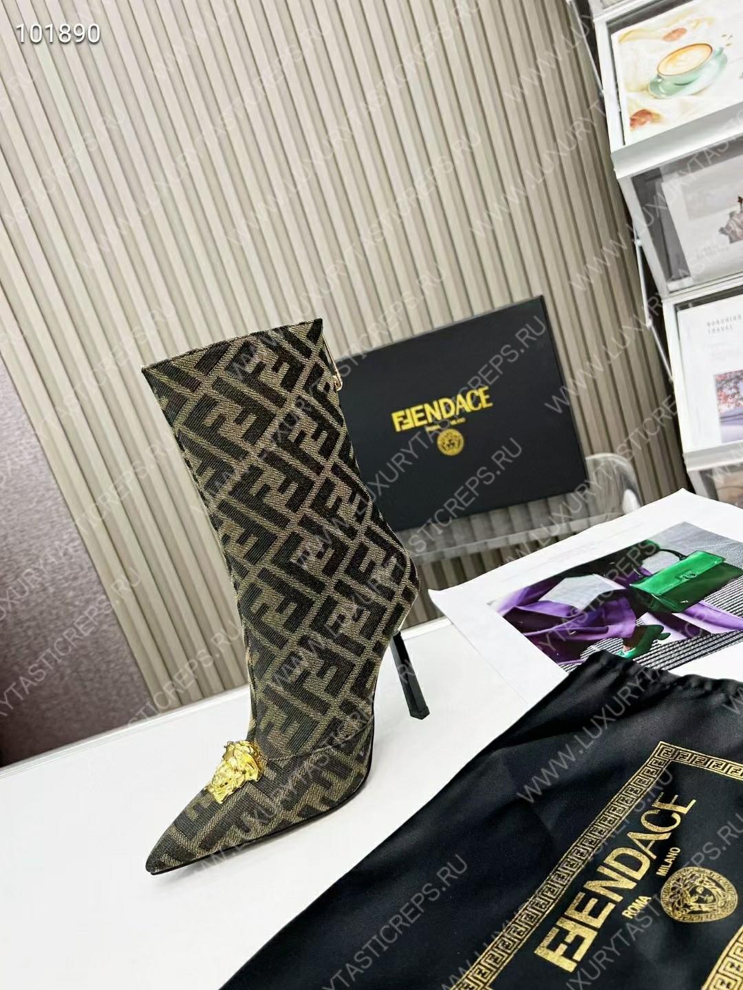 VERSACE FENDACE FF JACQUARD ANKLE BOOTS BROWN AND BEIGE 1004496