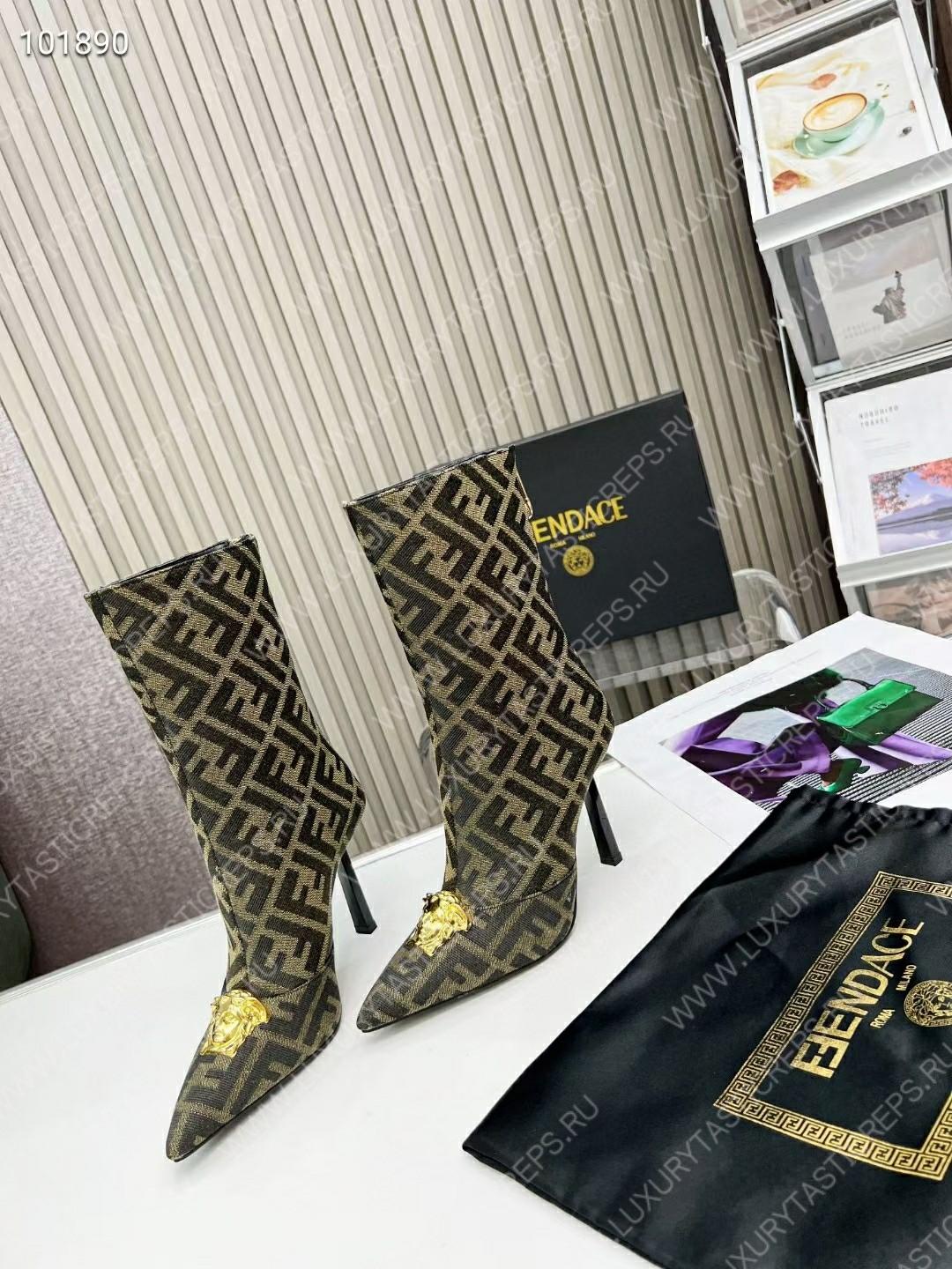 VERSACE FENDACE FF JACQUARD ANKLE BOOTS BROWN AND BEIGE 1004496