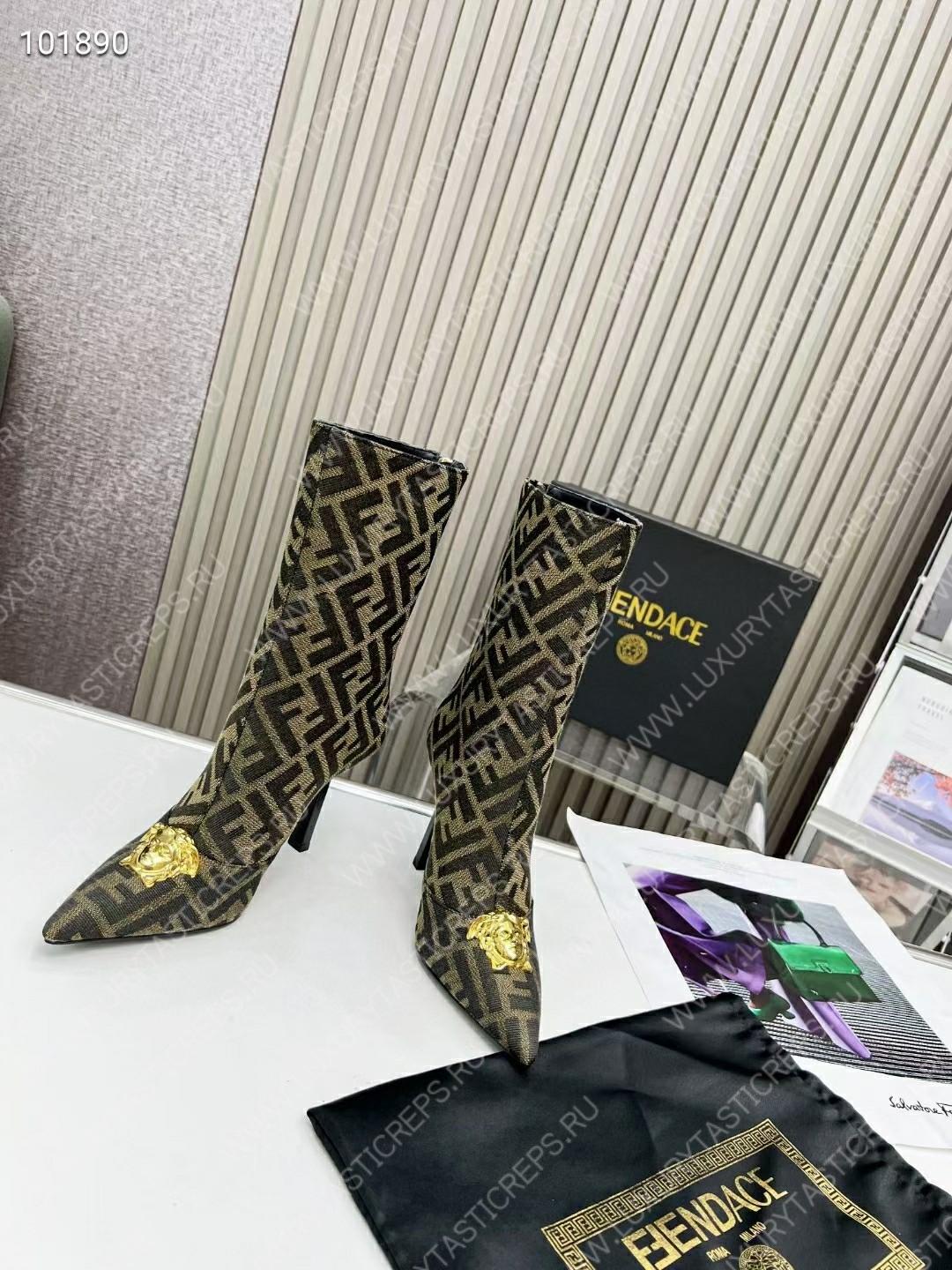 VERSACE FENDACE FF JACQUARD ANKLE BOOTS BROWN AND BEIGE 1004496