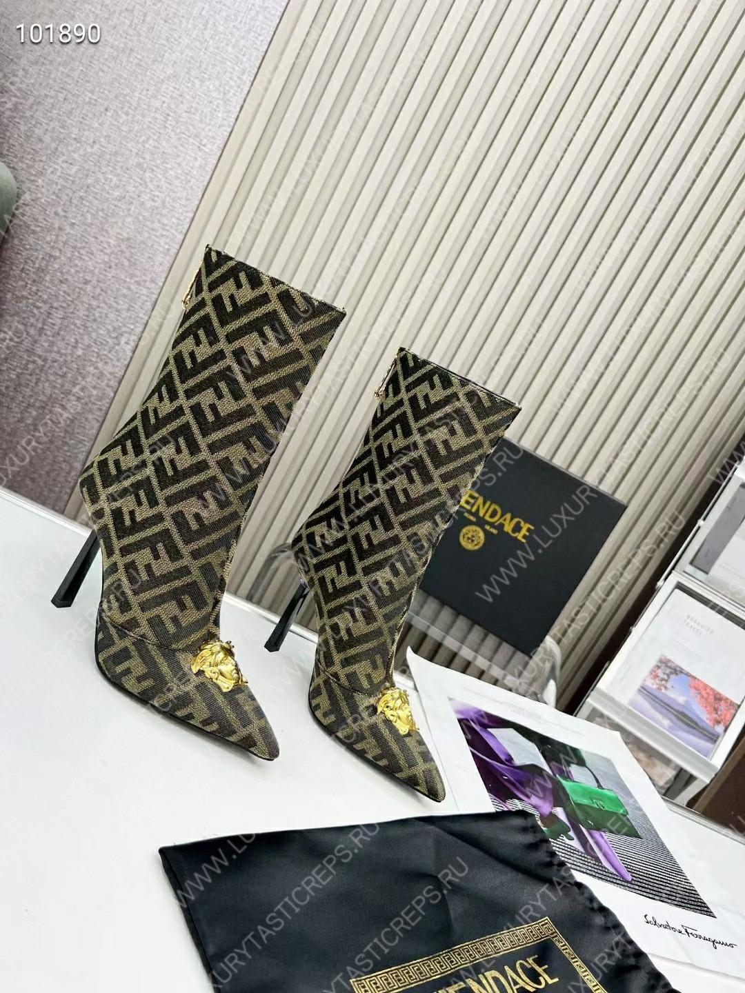 VERSACE FENDACE FF JACQUARD ANKLE BOOTS BROWN AND BEIGE 1004496