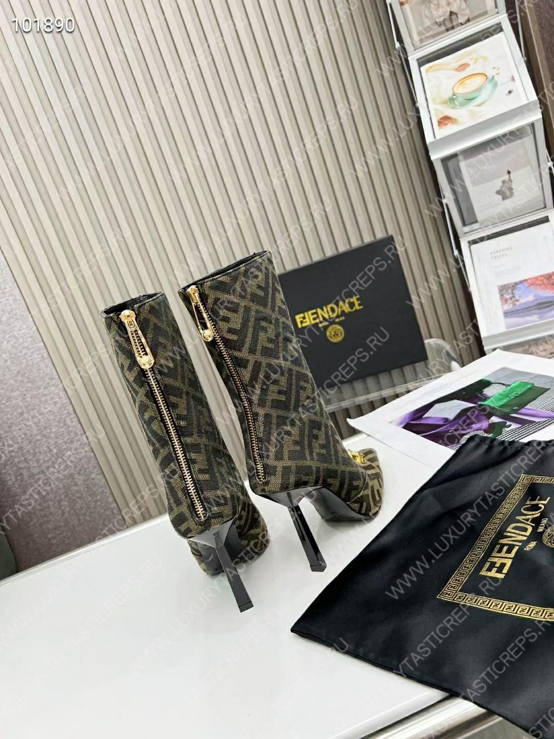 VERSACE FENDACE FF JACQUARD ANKLE BOOTS BROWN AND BEIGE 1004496