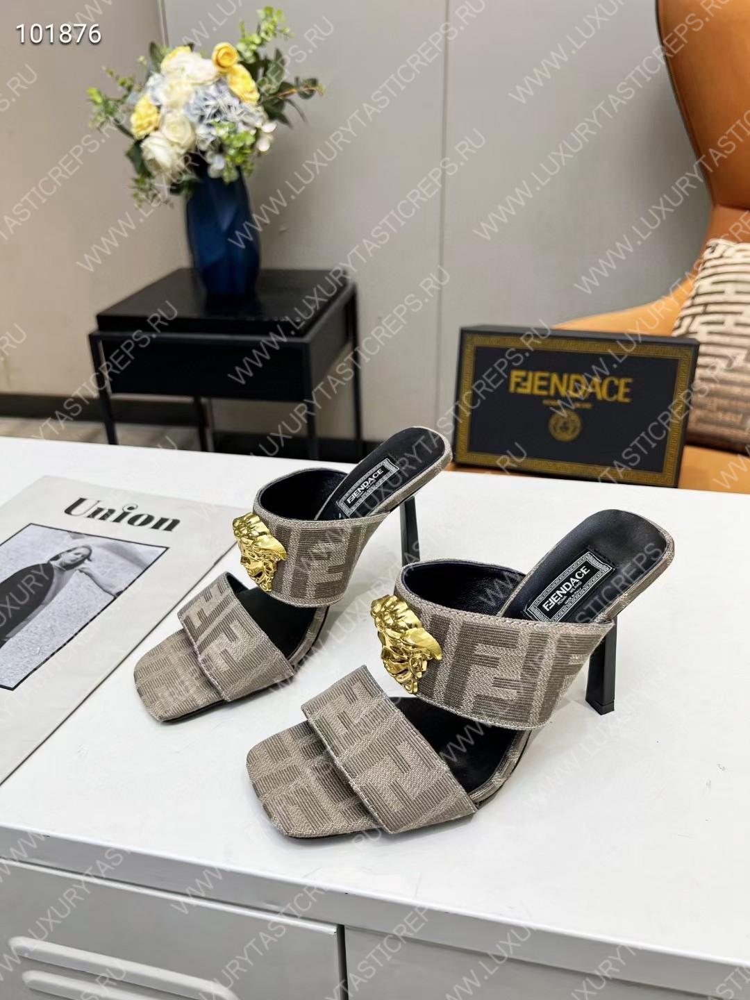 VERSACE FENDACE FF JACQUARD MULES BEIGE 1005157