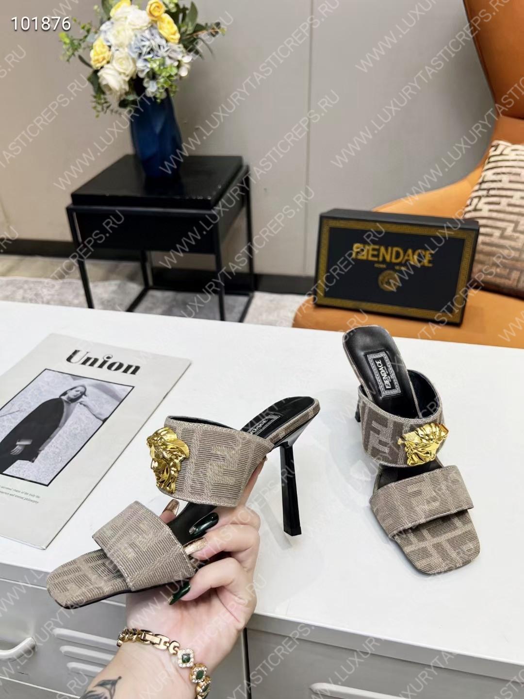 VERSACE FENDACE FF JACQUARD MULES BEIGE 1005157