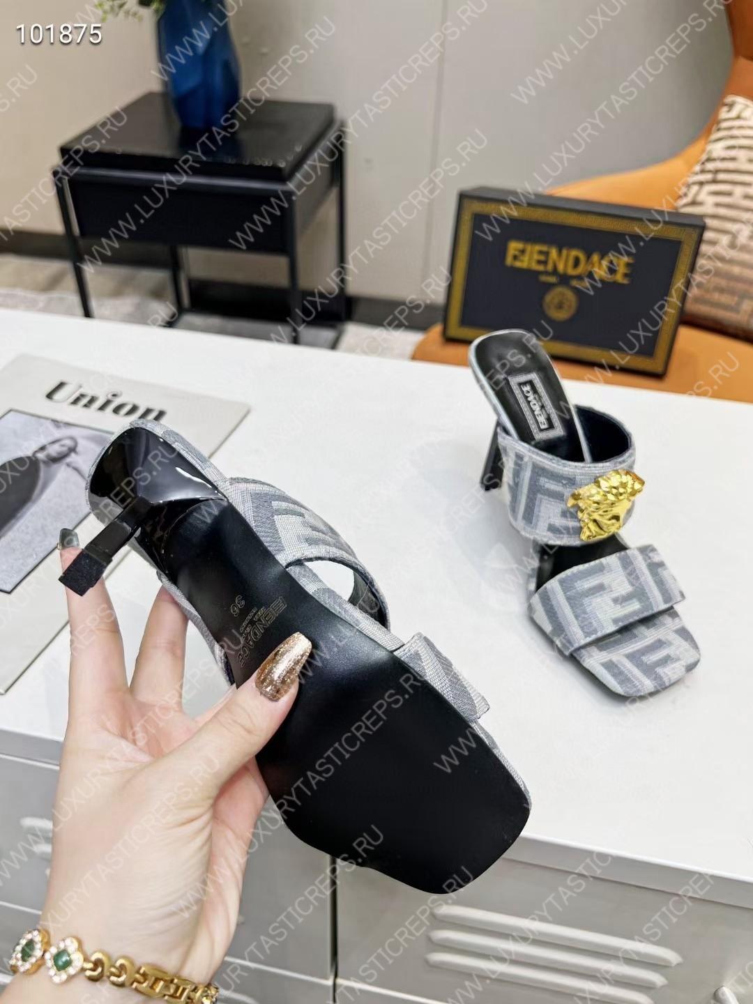 VERSACE FENDACE FF JACQUARD MULES GREY 1005157