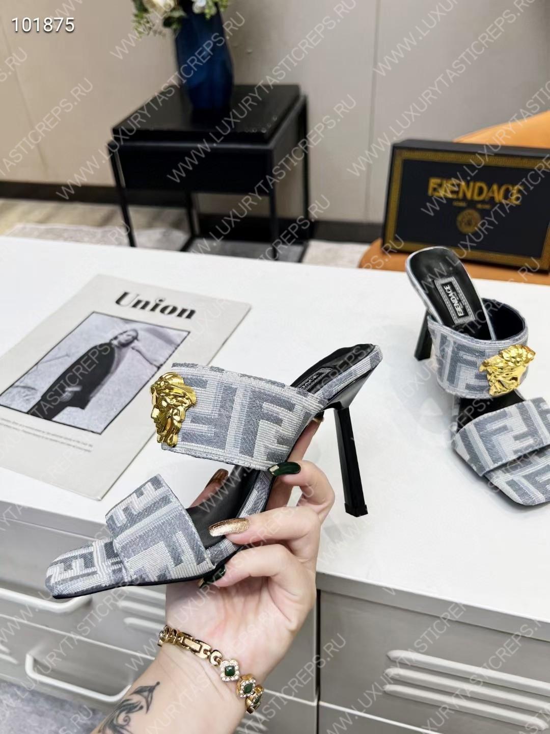 VERSACE FENDACE FF JACQUARD MULES GREY 1005157