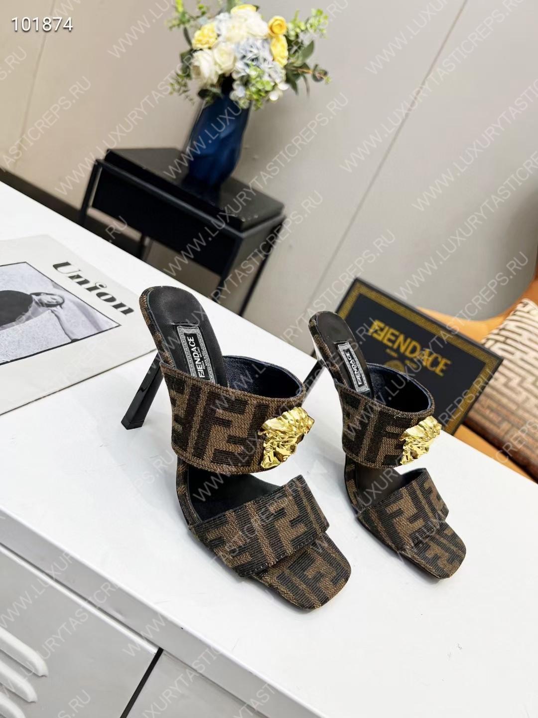 VERSACE FENDACE FF JACQUARD MULES BROWN 1005157