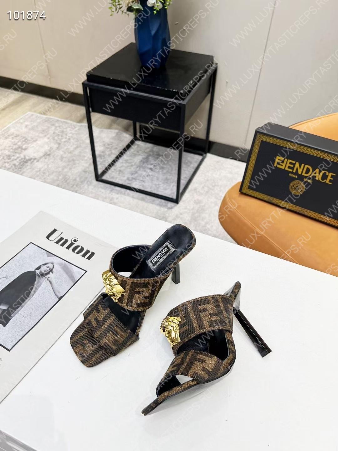 VERSACE FENDACE FF JACQUARD MULES BROWN 1005157