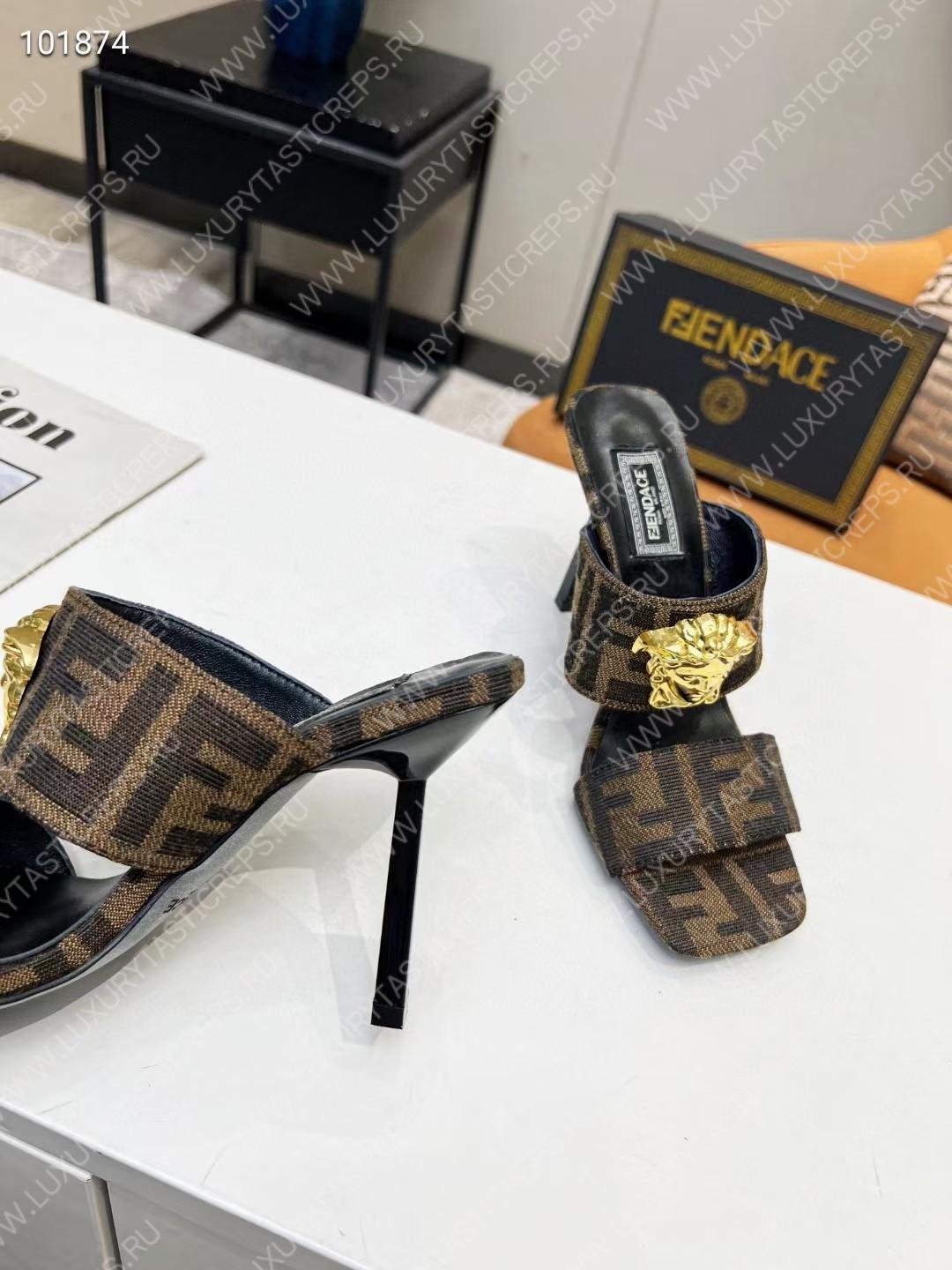 VERSACE FENDACE FF JACQUARD MULES BROWN 1005157