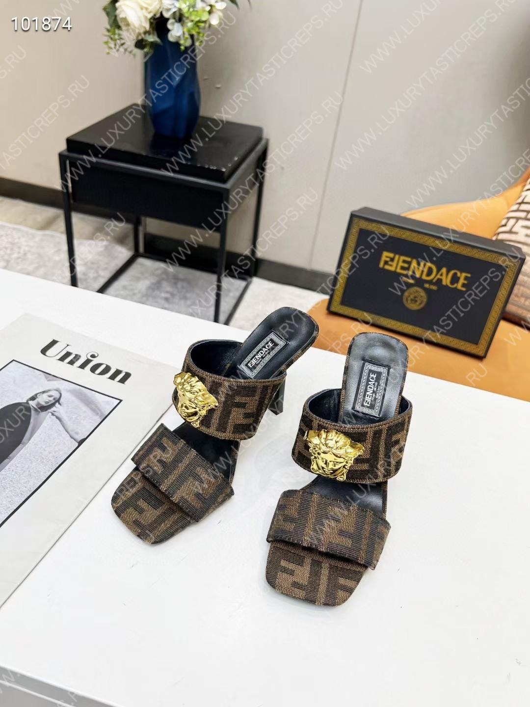 VERSACE FENDACE FF JACQUARD MULES BROWN 1005157