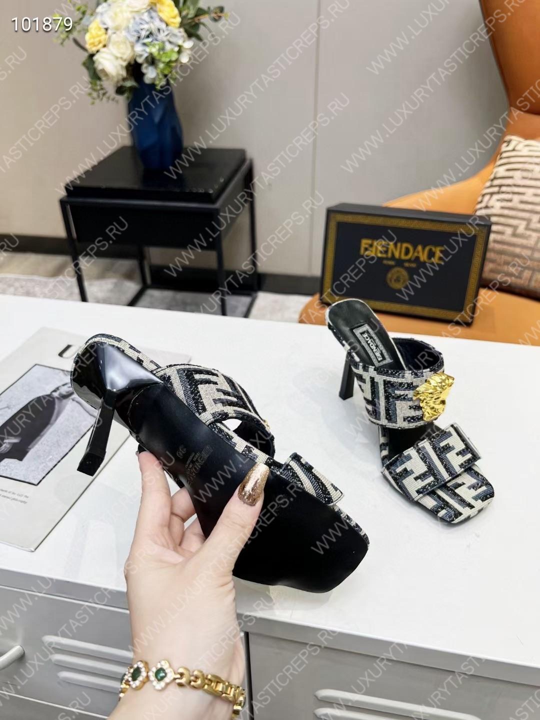 VERSACE FENDACE FF JACQUARD MULES BEIGE AND BLACK 1005157