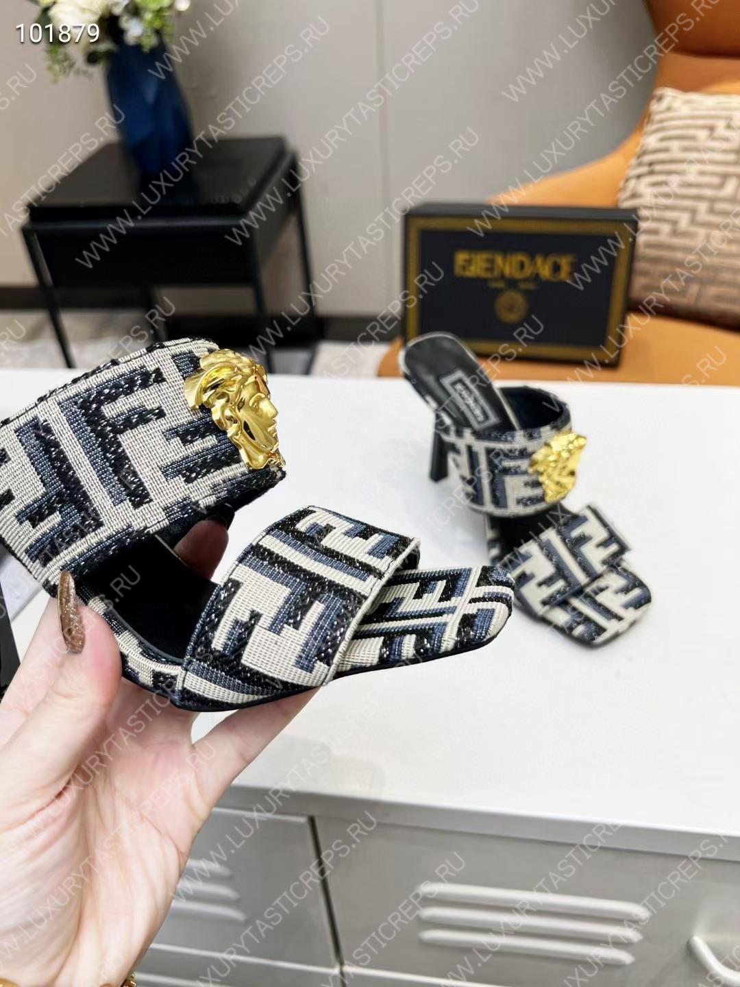 VERSACE FENDACE FF JACQUARD MULES BEIGE AND BLACK 1005157