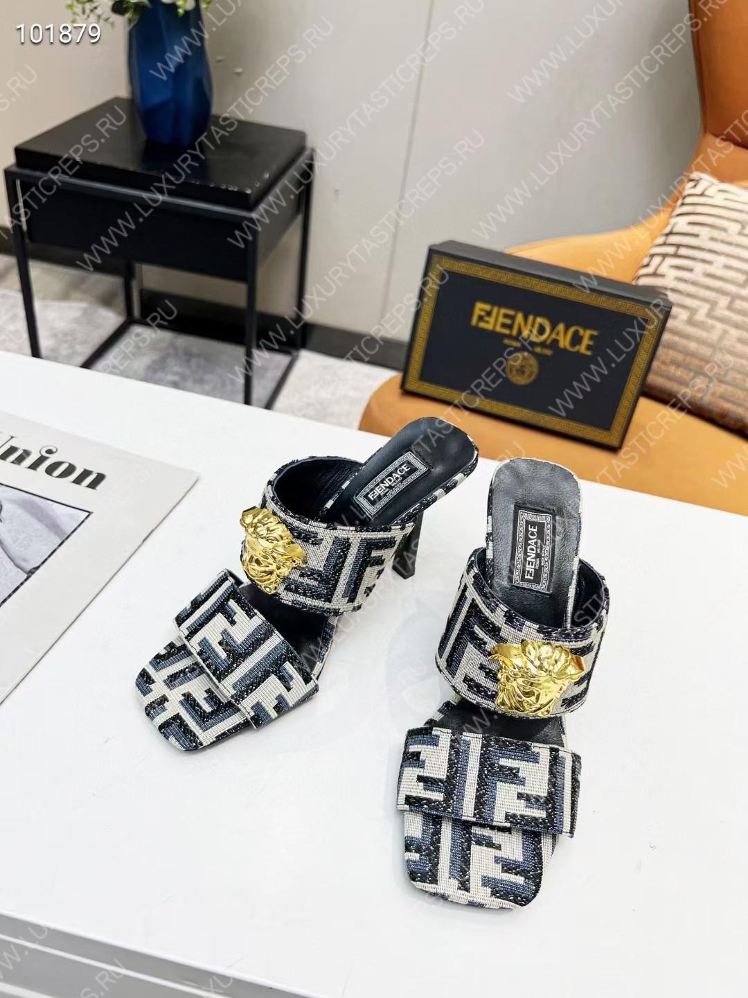 VERSACE FENDACE FF JACQUARD MULES BEIGE AND BLACK 1005157