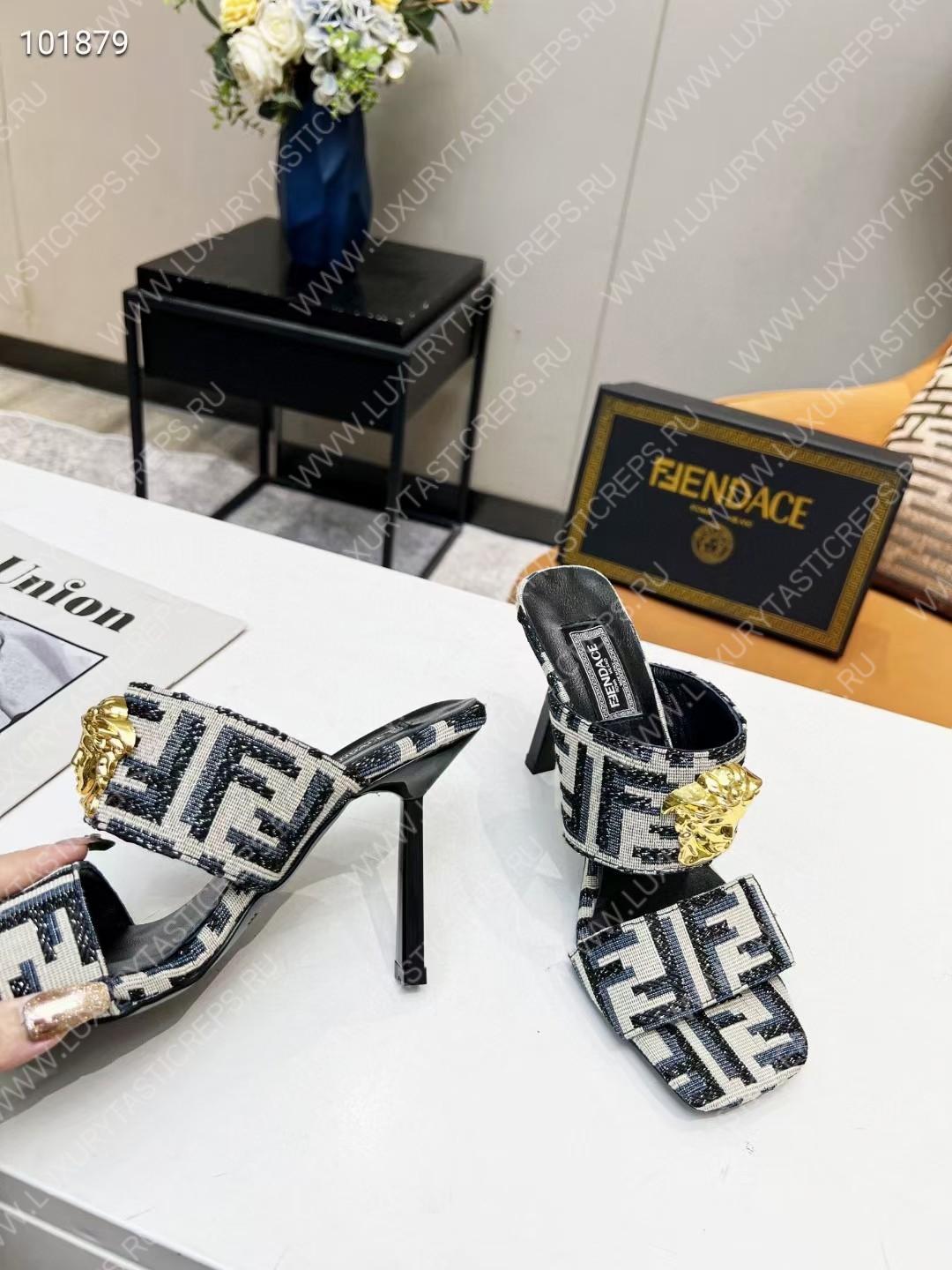 VERSACE FENDACE FF JACQUARD MULES BEIGE AND BLACK 1005157