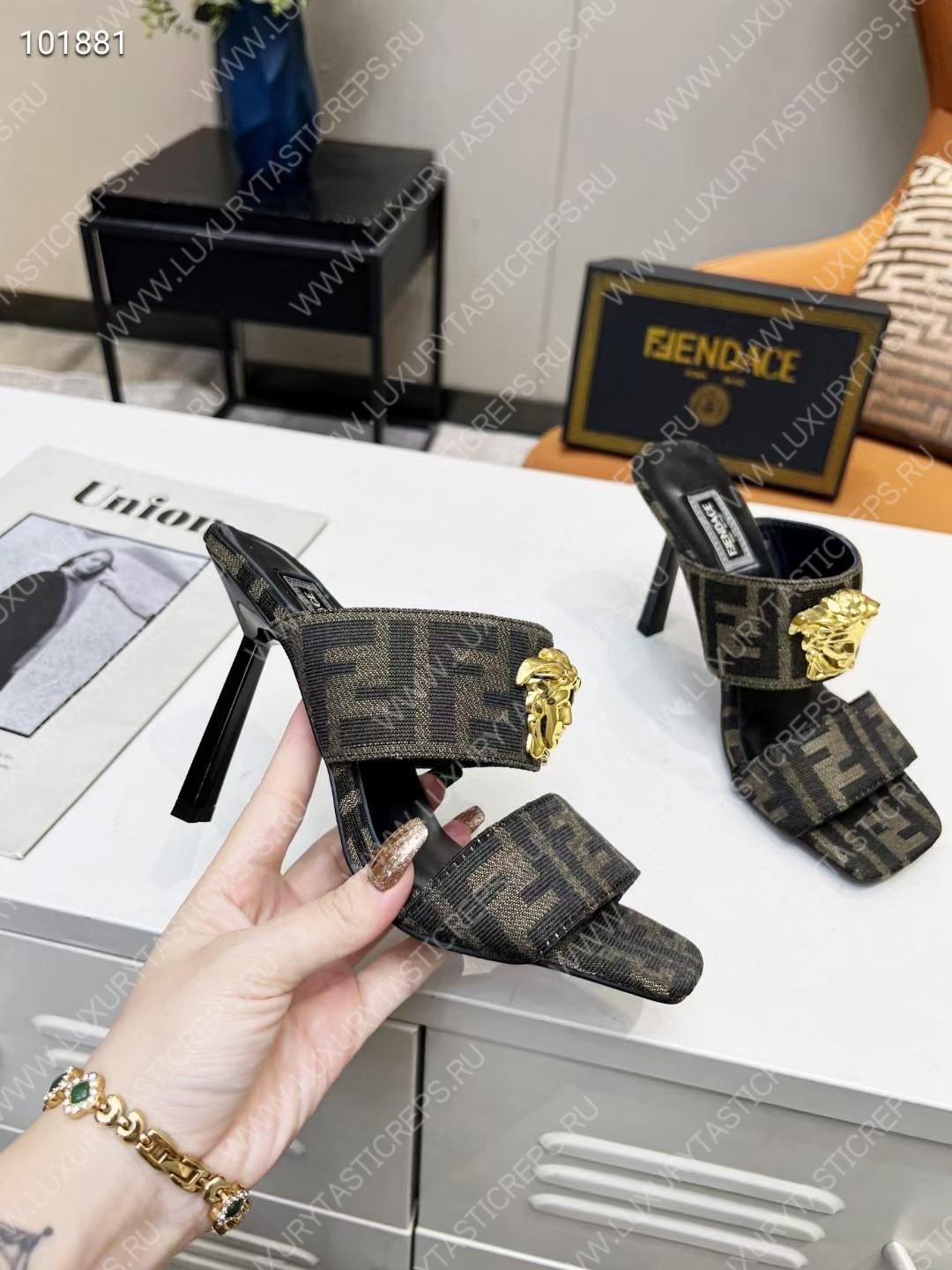 VERSACE FENDACE FF JACQUARD MULES LIGHT BROWN 1005157