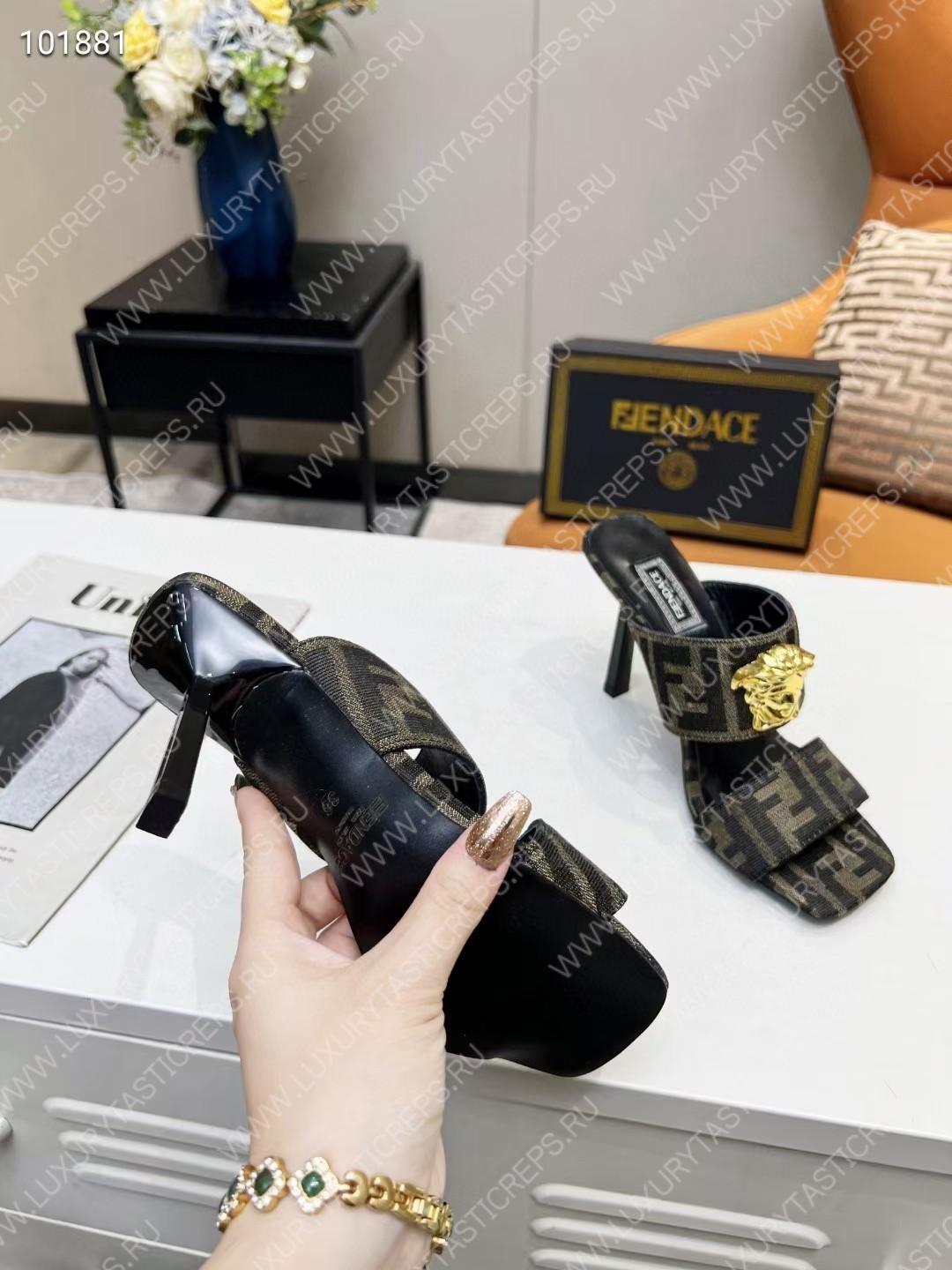 VERSACE FENDACE FF JACQUARD MULES LIGHT BROWN 1005157