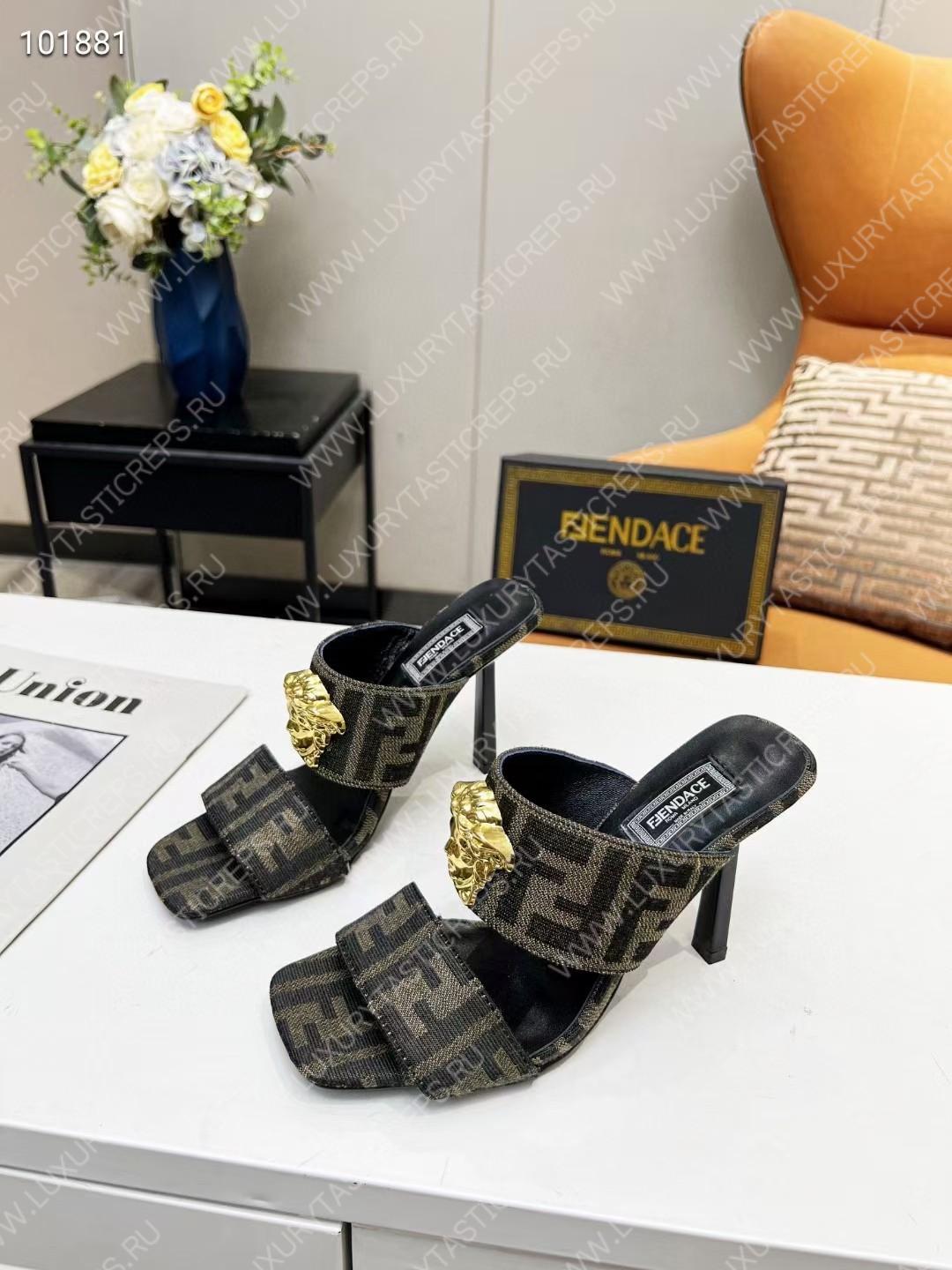 VERSACE FENDACE FF JACQUARD MULES LIGHT BROWN 1005157