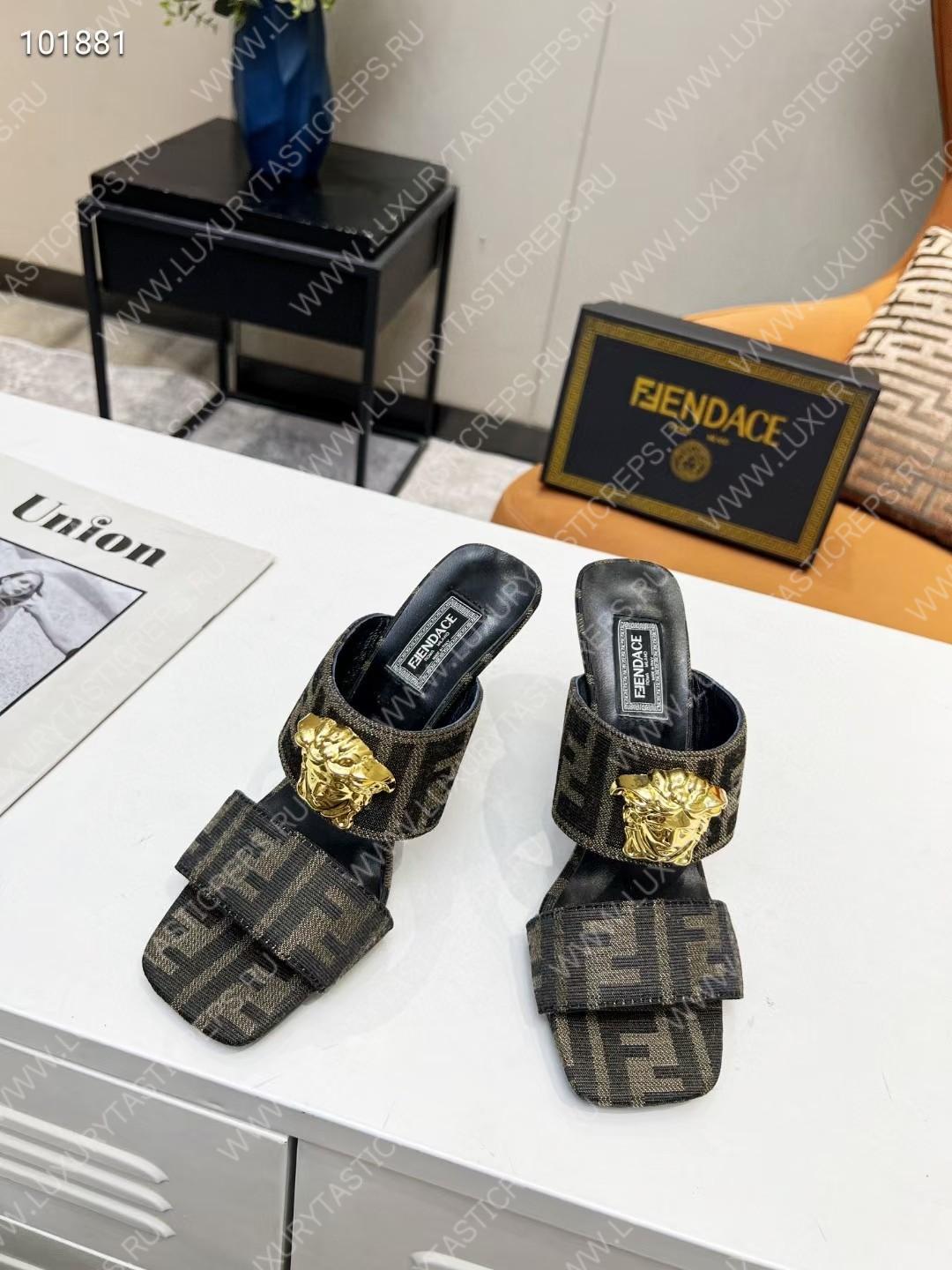 VERSACE FENDACE FF JACQUARD MULES LIGHT BROWN 1005157