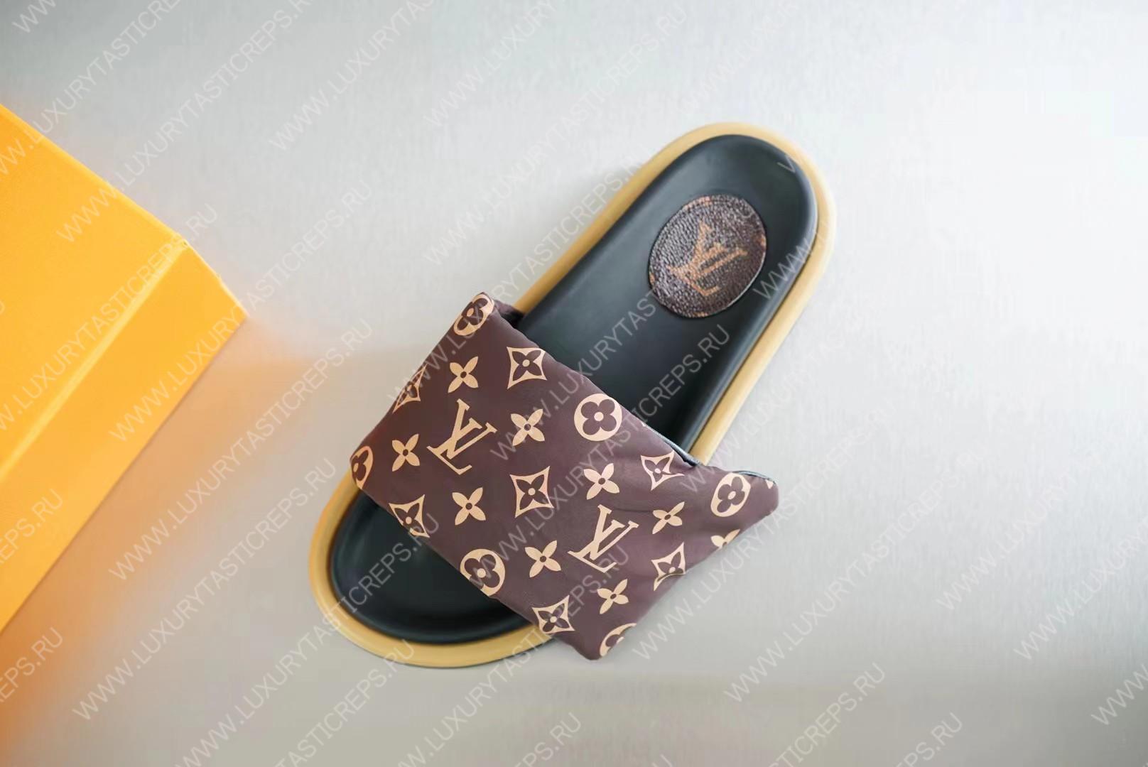 l**is V*t*n pool pillow flat comfort mules cocoa brown 261374