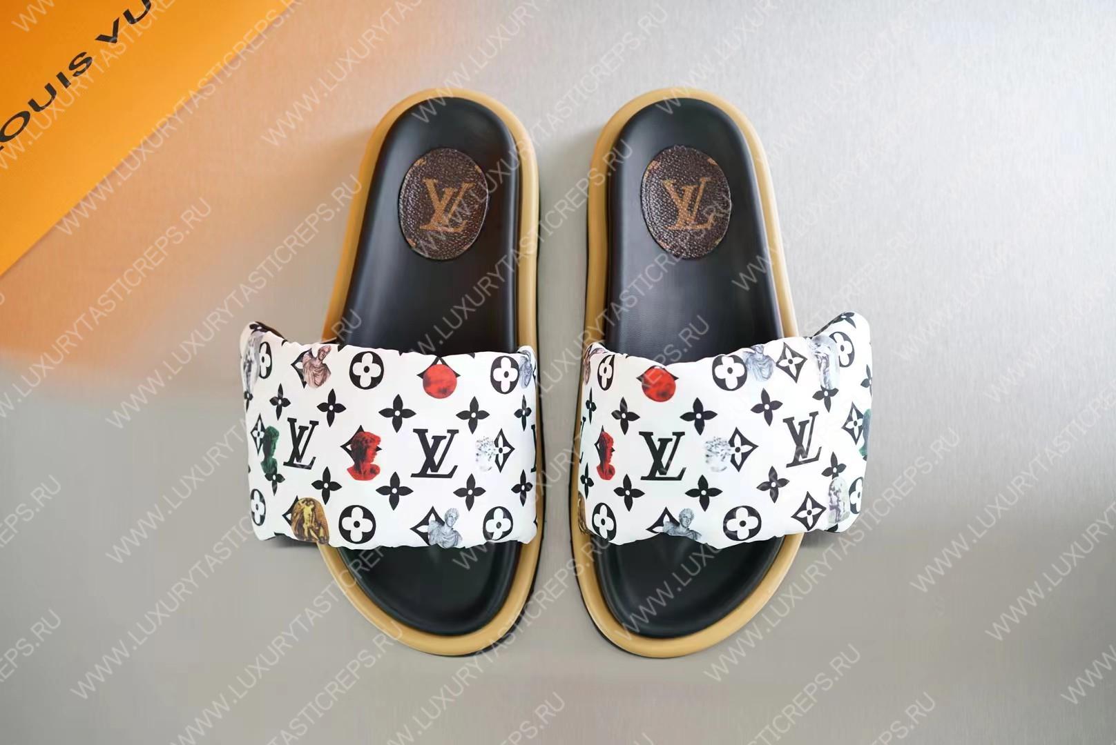 l**is V*t*n pool pillow flat comfort mules black and white 261374