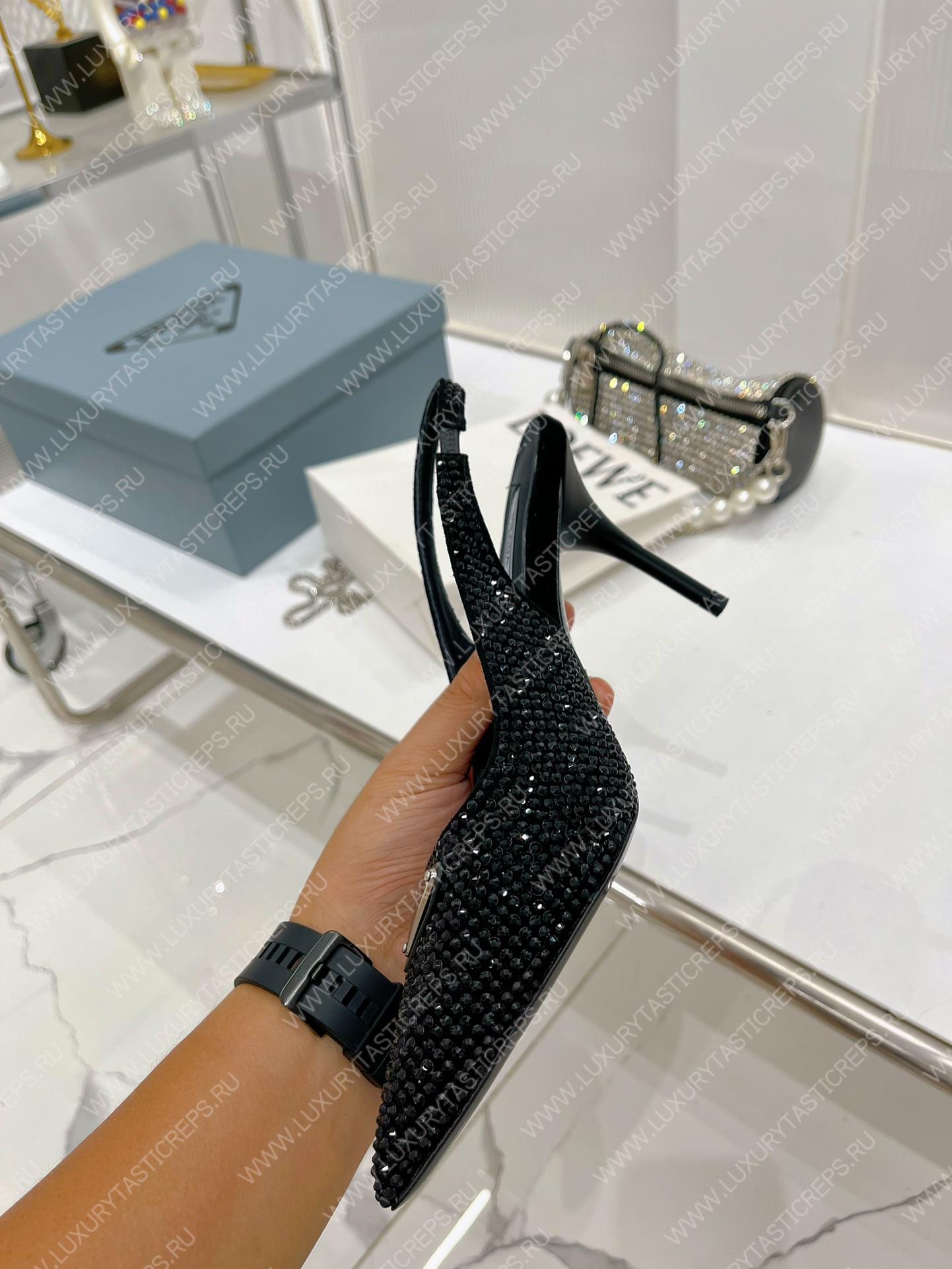 Pra*a rhinestone slingback pump black 1i002n