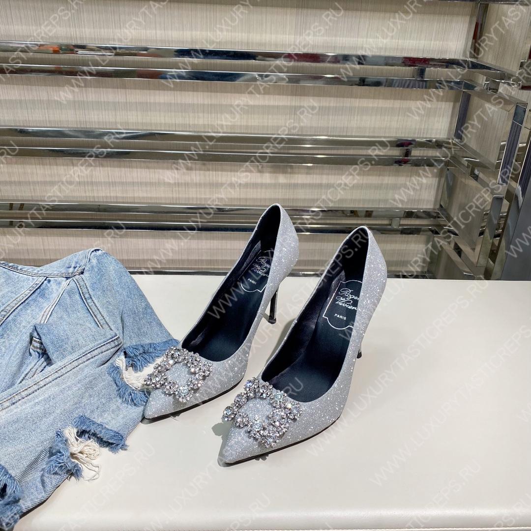 ROGER VIVER FLOWER STRASS BUCKLE PUMPS SHINNY SILVER RVW4141