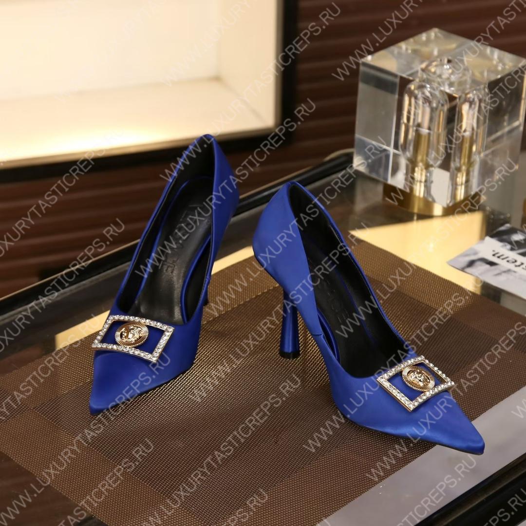 VERSACE SATIN LA MEDUSA PUMPS 110 BLUE 1001207