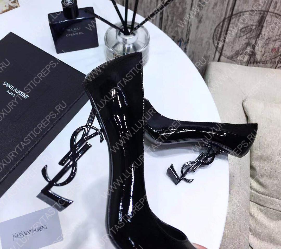 YVES SAINT LAURENT LOGO HEEL LEATHER PUMPS BLACK 472011D6CVV