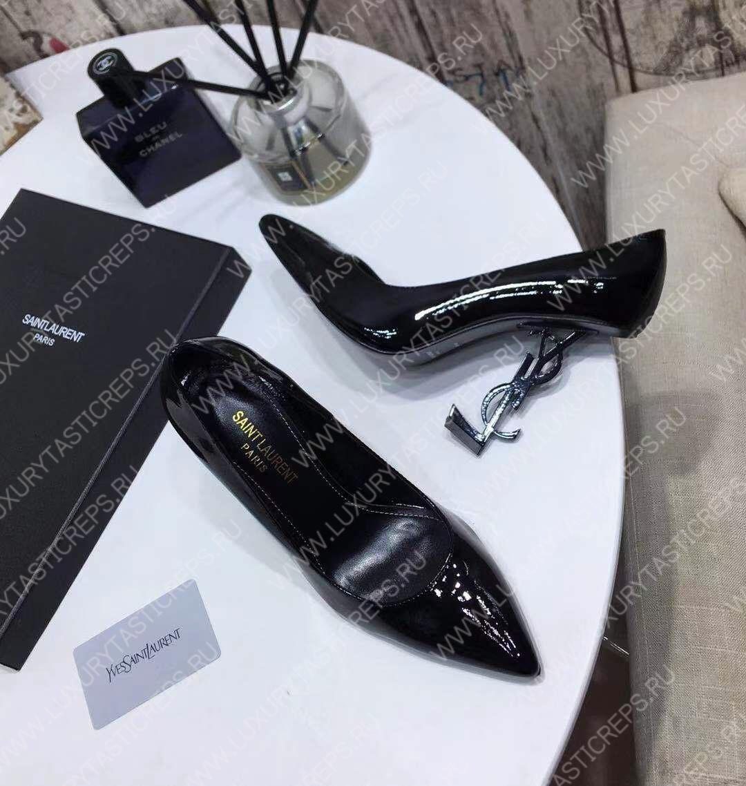 YVES SAINT LAURENT LOGO HEEL LEATHER PUMPS BLACK 472011D6CVV