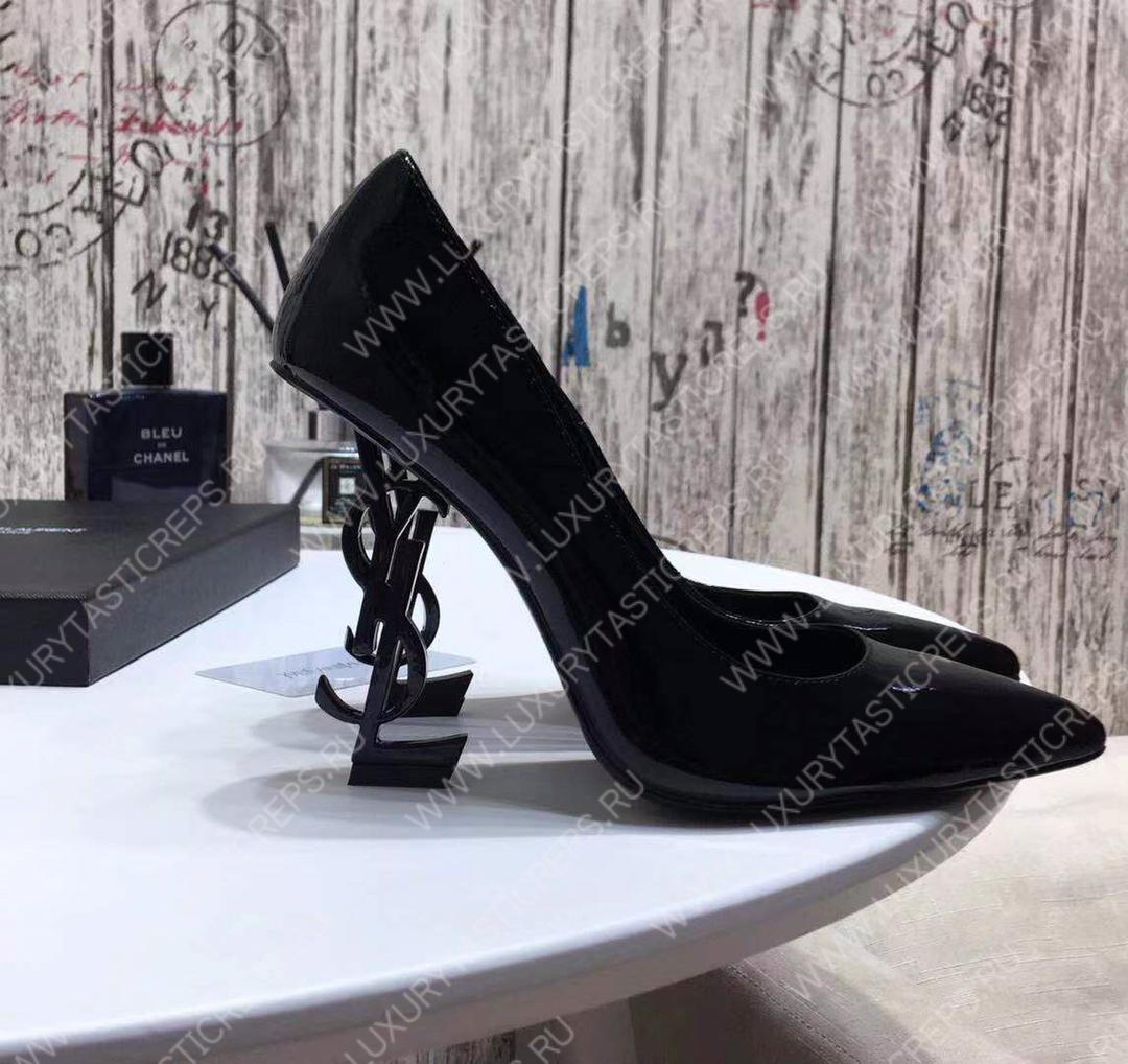 YVES SAINT LAURENT LOGO HEEL LEATHER PUMPS BLACK 472011D6CVV