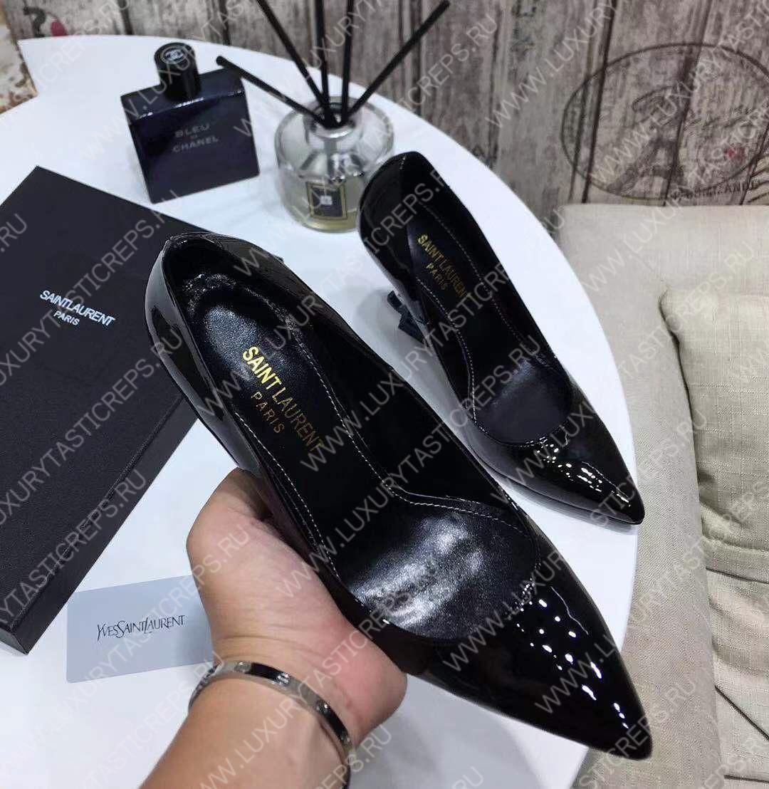 YVES SAINT LAURENT OPYM LOGO HEEL LEATHER PUMPS BLACK AND BLUE 472011D6CVV