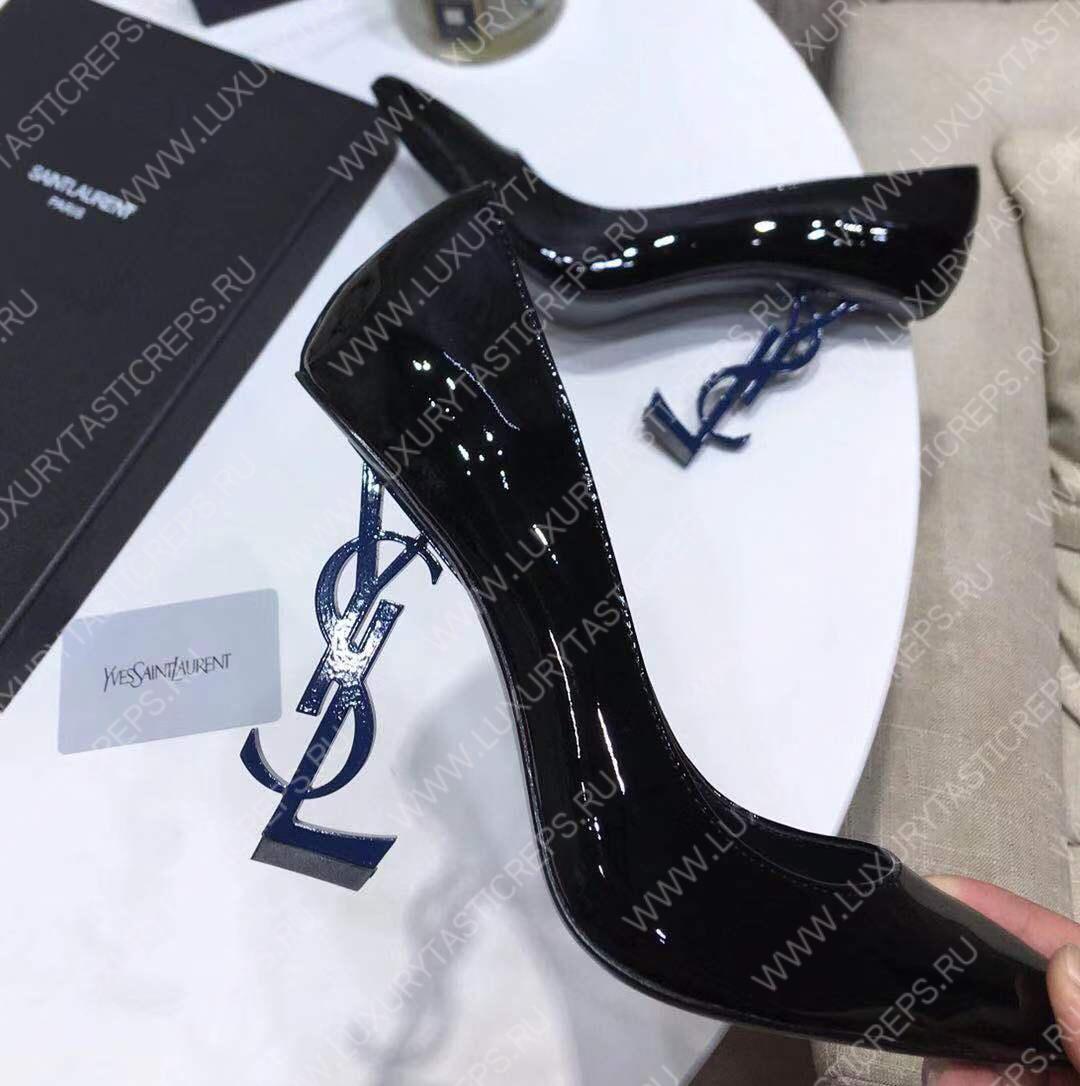 YVES SAINT LAURENT OPYM LOGO HEEL LEATHER PUMPS BLACK AND BLUE 472011D6CVV