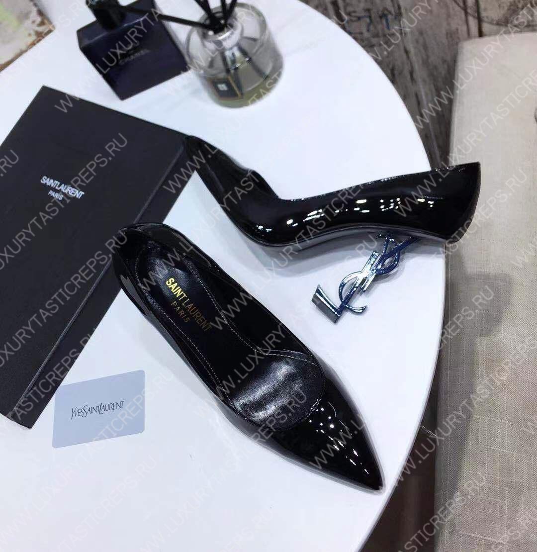 YVES SAINT LAURENT OPYM LOGO HEEL LEATHER PUMPS BLACK AND BLUE 472011D6CVV