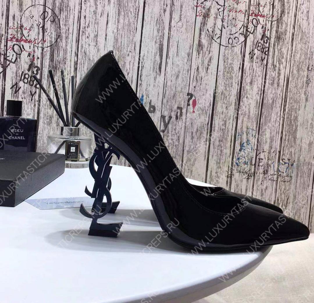 YVES SAINT LAURENT OPYM LOGO HEEL LEATHER PUMPS BLACK AND BLUE 472011D6CVV