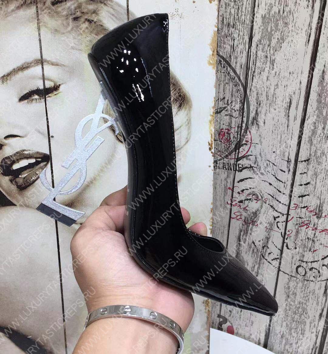 YVES SAINT LAURENT OPYM LOGO HEEL LEATHER PUMPS BLACK AND GREY 472011D6CVV
