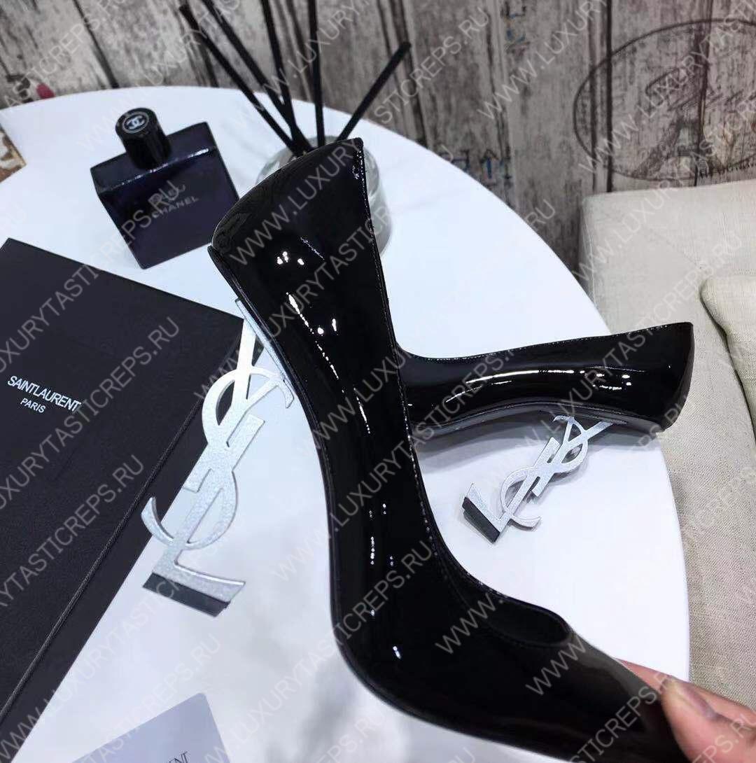 YVES SAINT LAURENT OPYM LOGO HEEL LEATHER PUMPS BLACK AND GREY 472011D6CVV