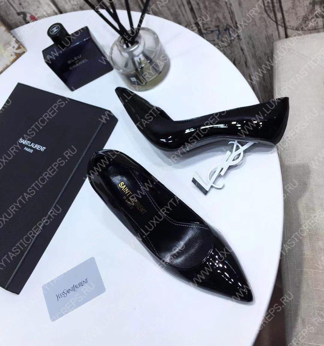 YVES SAINT LAURENT OPYM LOGO HEEL LEATHER PUMPS BLACK AND GREY 472011D6CVV