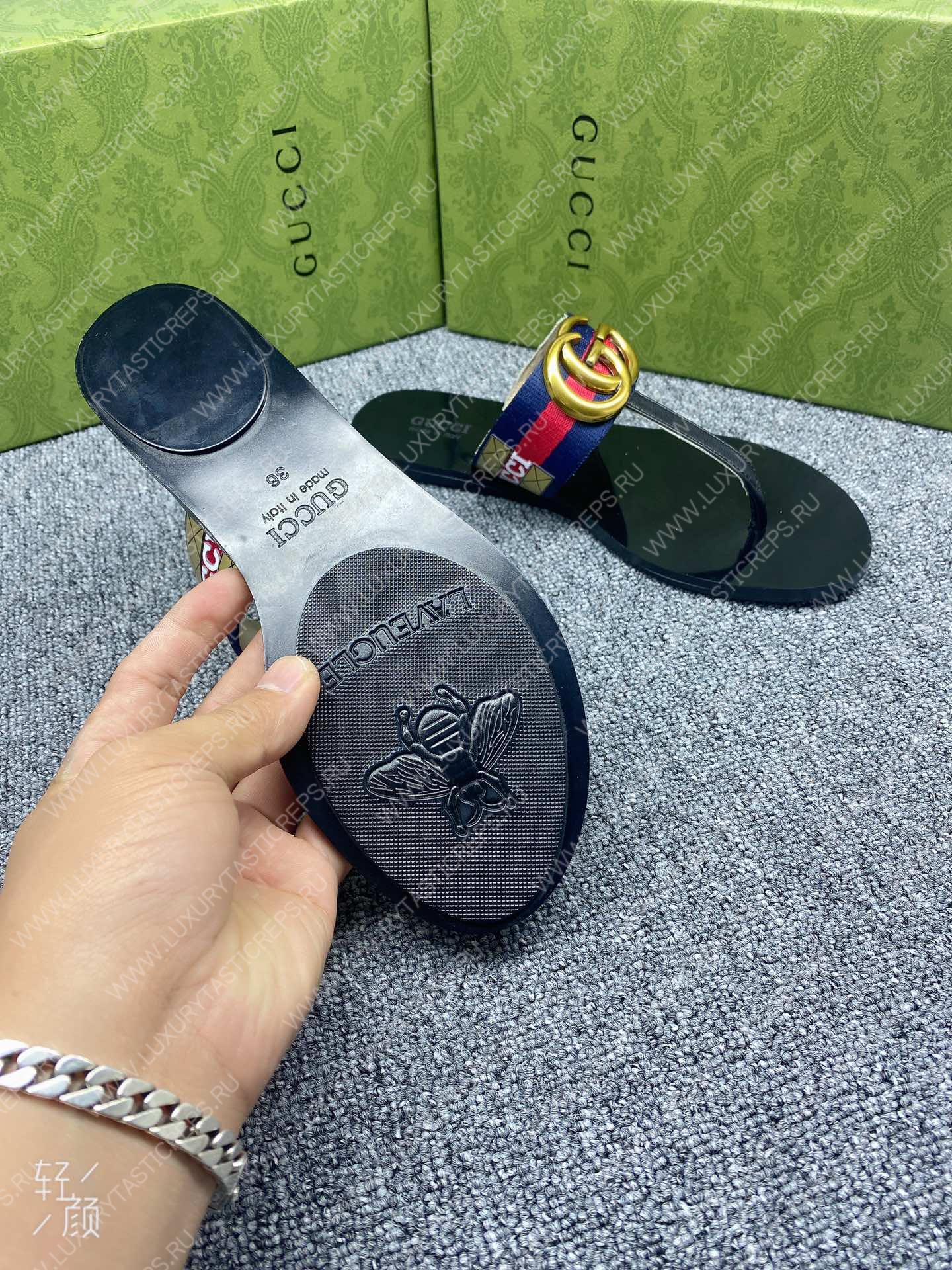 G*u*i leather thong sandal with double g blue and red 497444