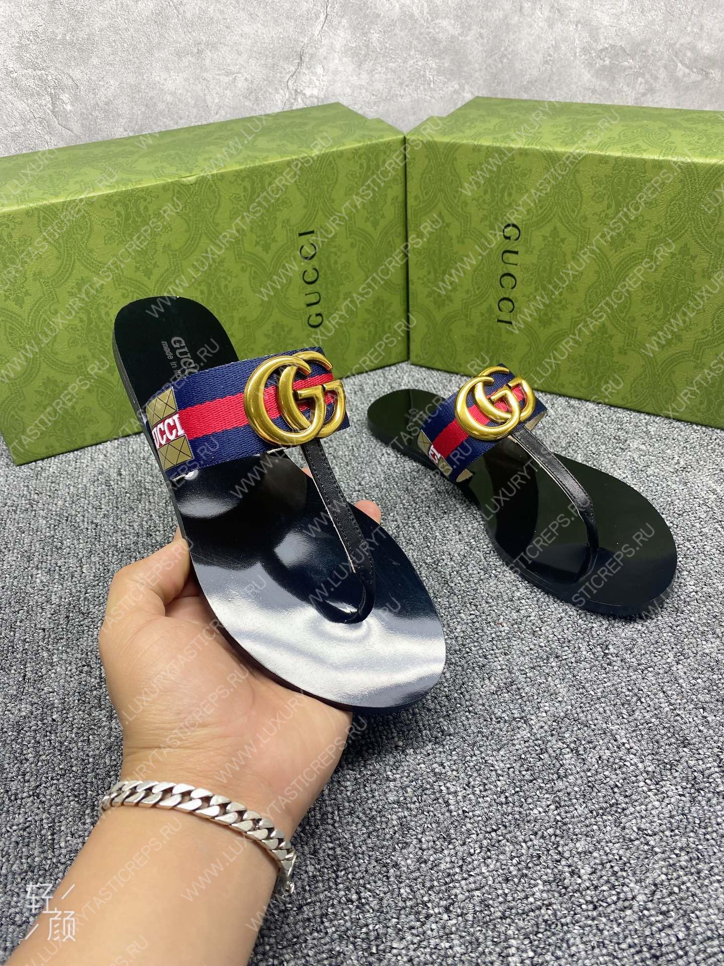 G*u*i leather thong sandal with double g blue and red 497444