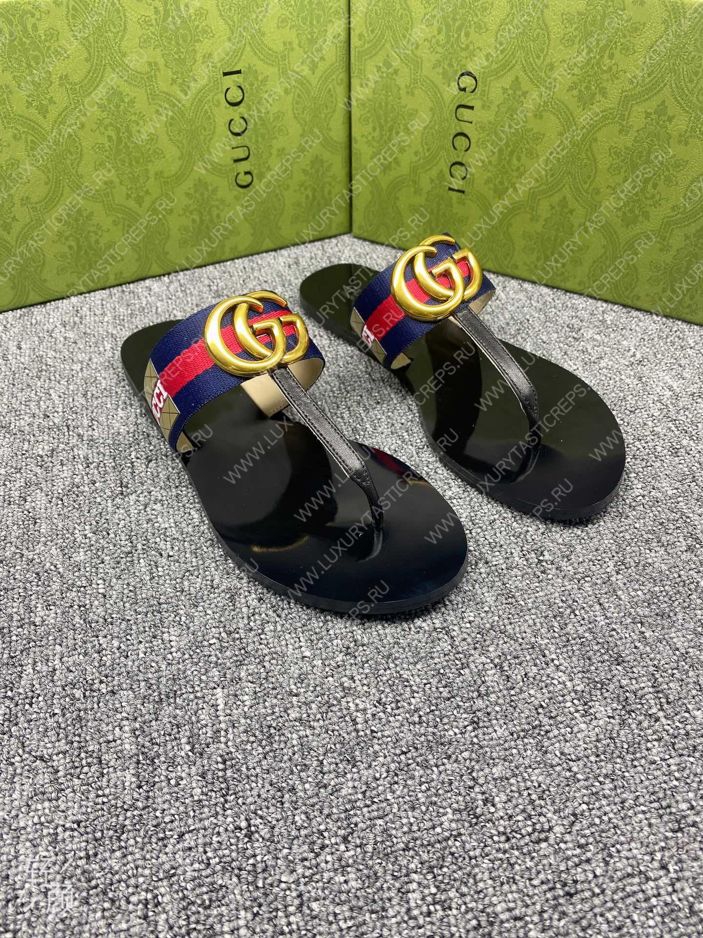 G*u*i leather thong sandal with double g blue and red 497444