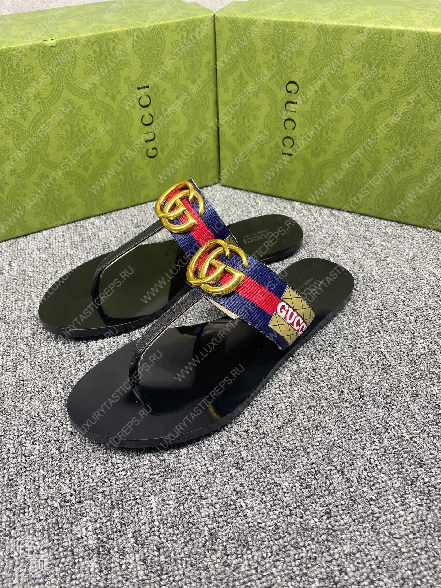 G*u*i leather thong sandal with double g blue and red 497444