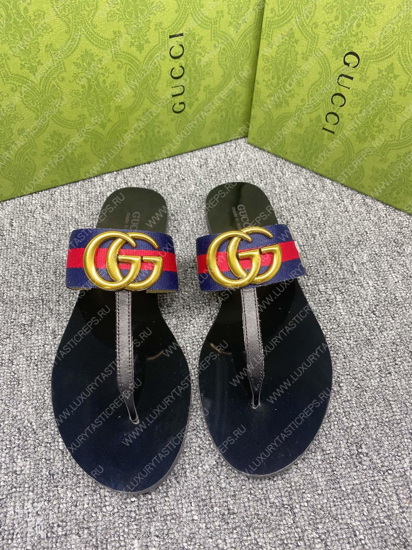 G*u*i leather thong sandal with double g blue and red 497444