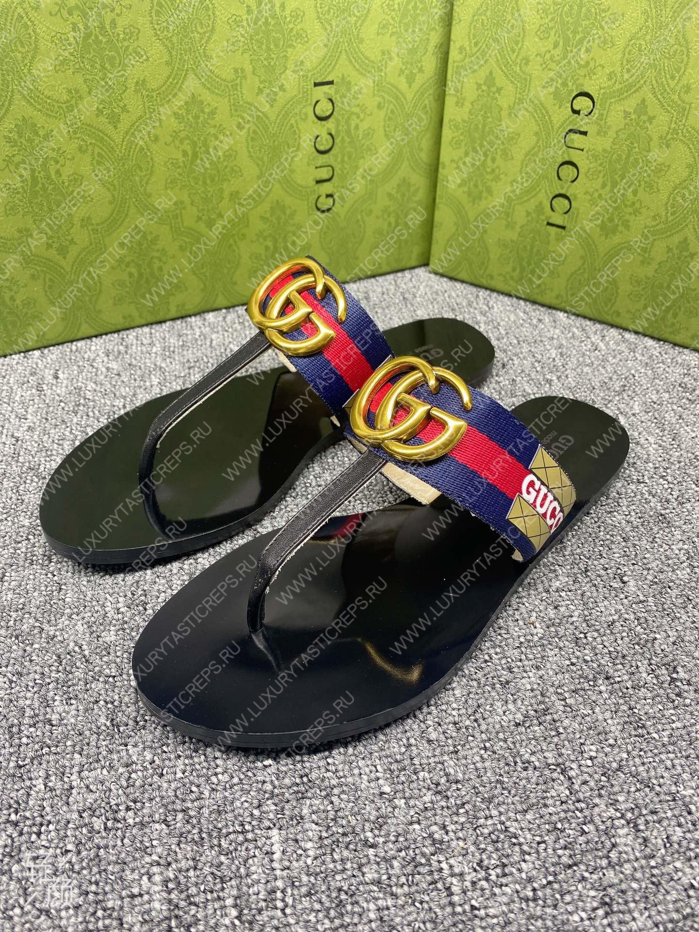 G*u*i leather thong sandal with double g blue and red 497444