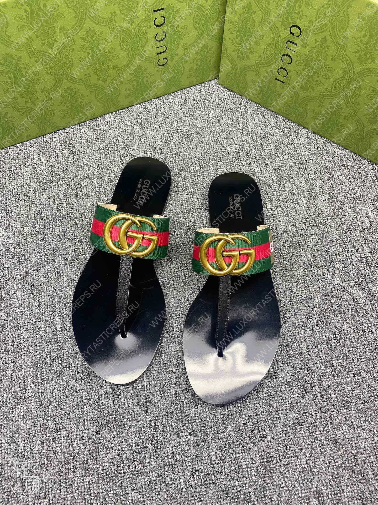 G*u*i leather thong sandal with double g green and red 497444