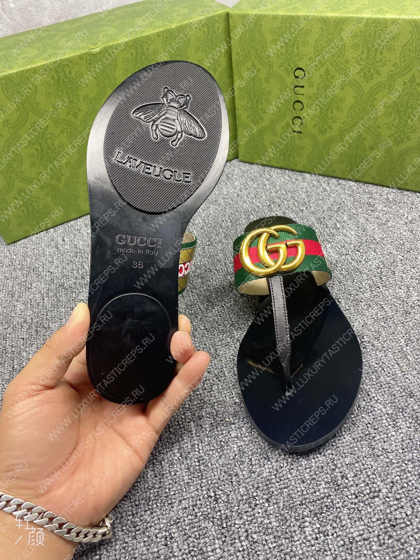 G*u*i leather thong sandal with double g green and red 497444