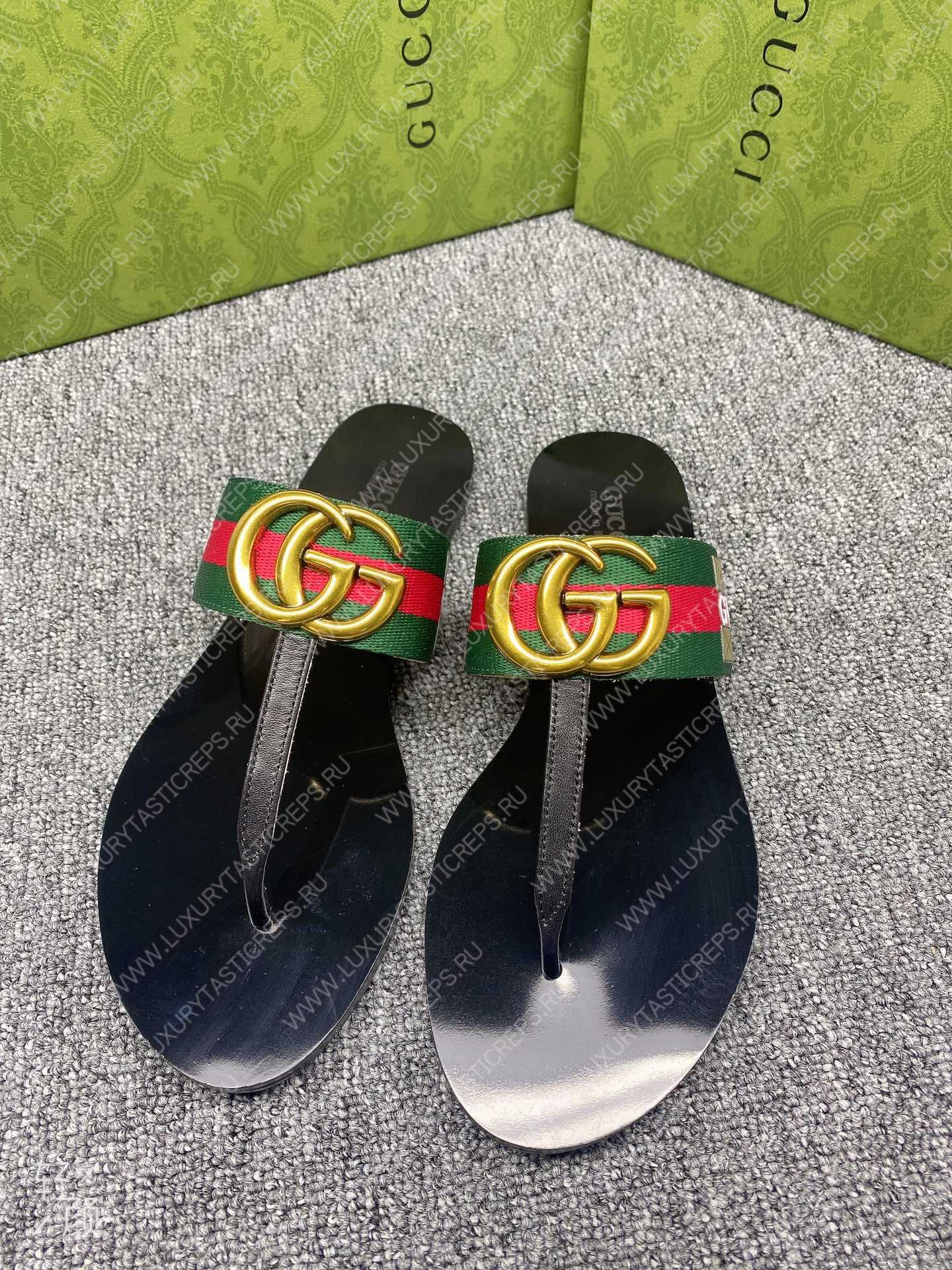 G*u*i leather thong sandal with double g green and red 497444