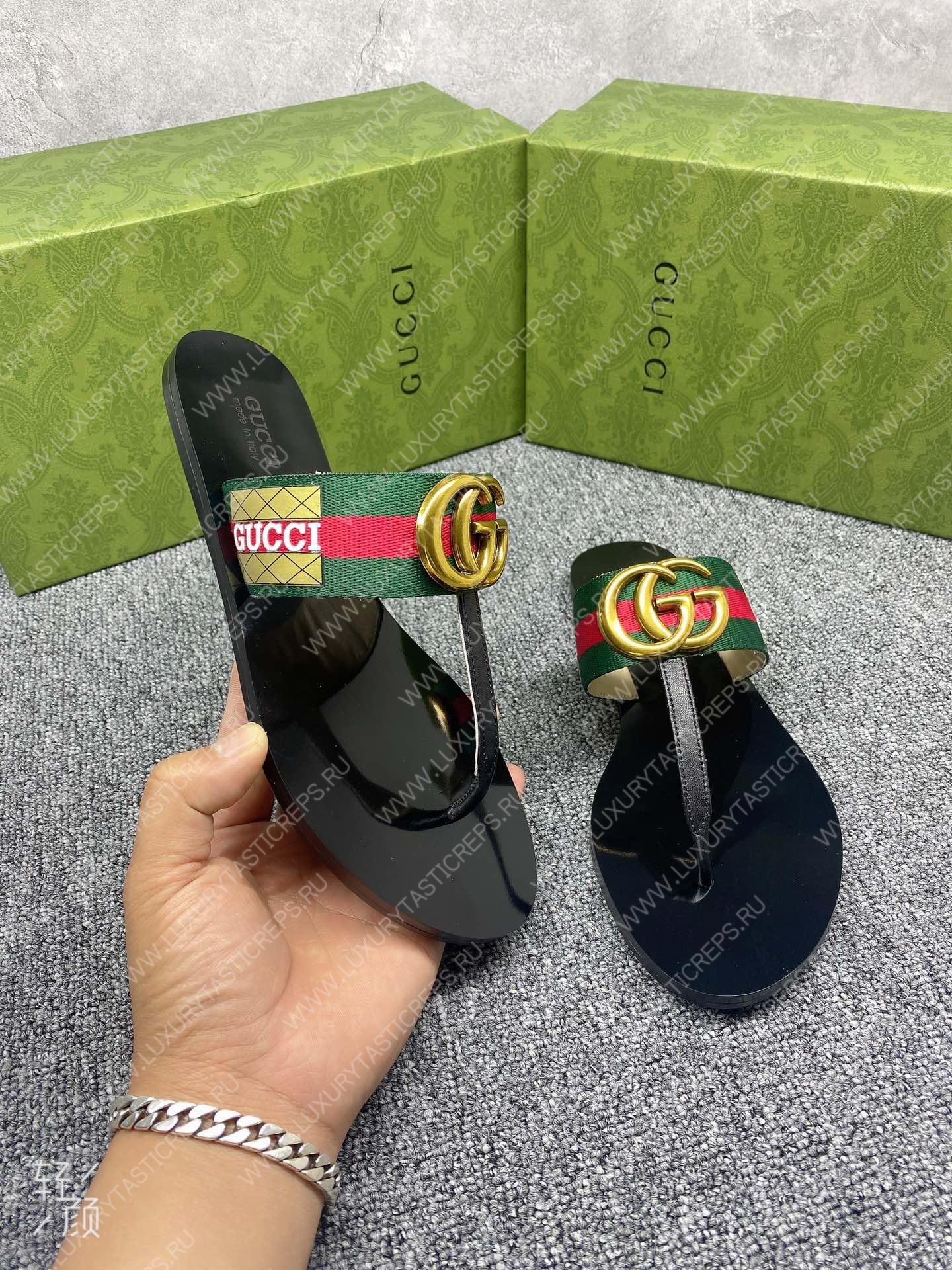 G*u*i leather thong sandal with double g green and red 497444