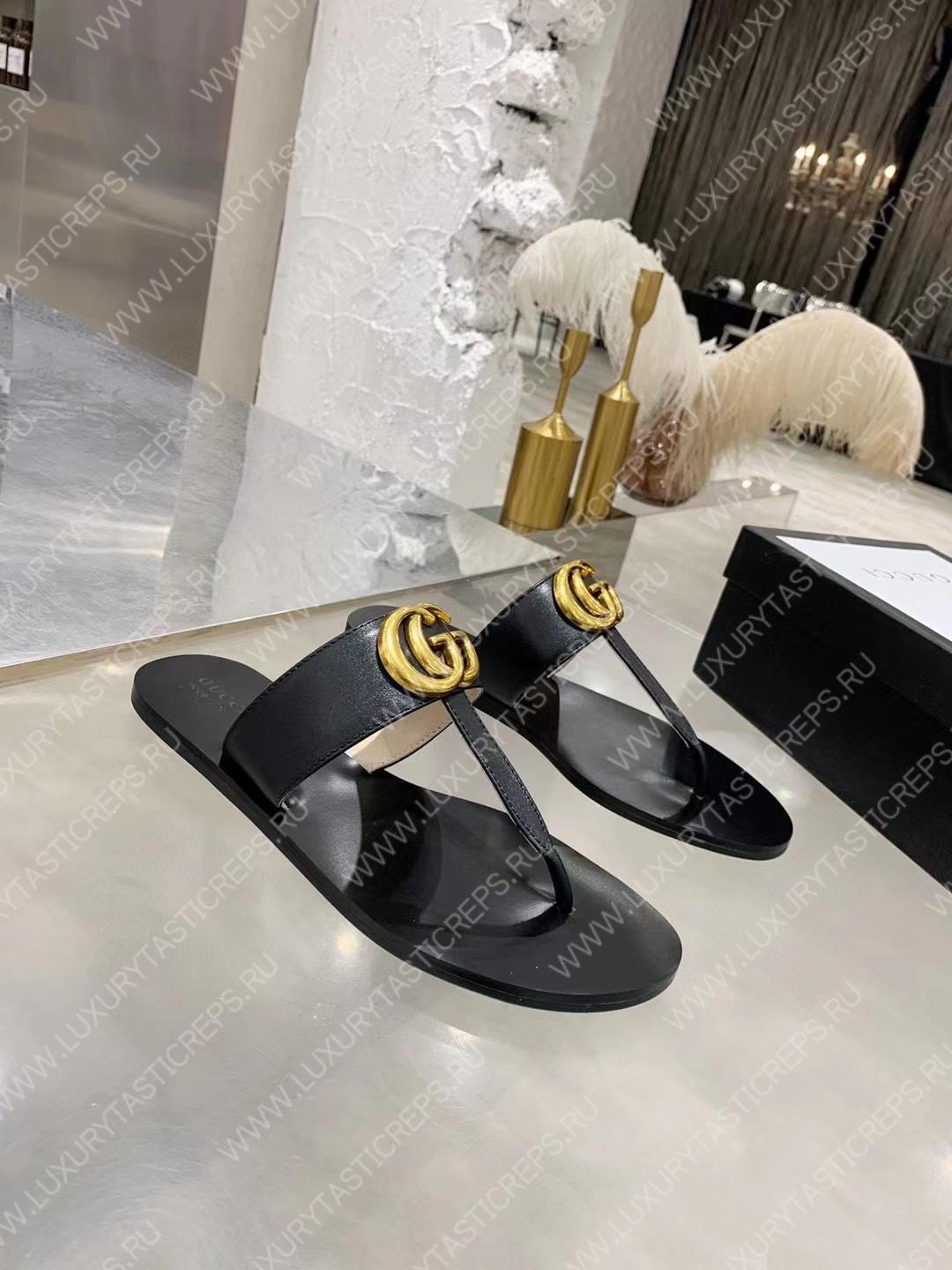 G*u*i leather thong sandal with double g black 497444