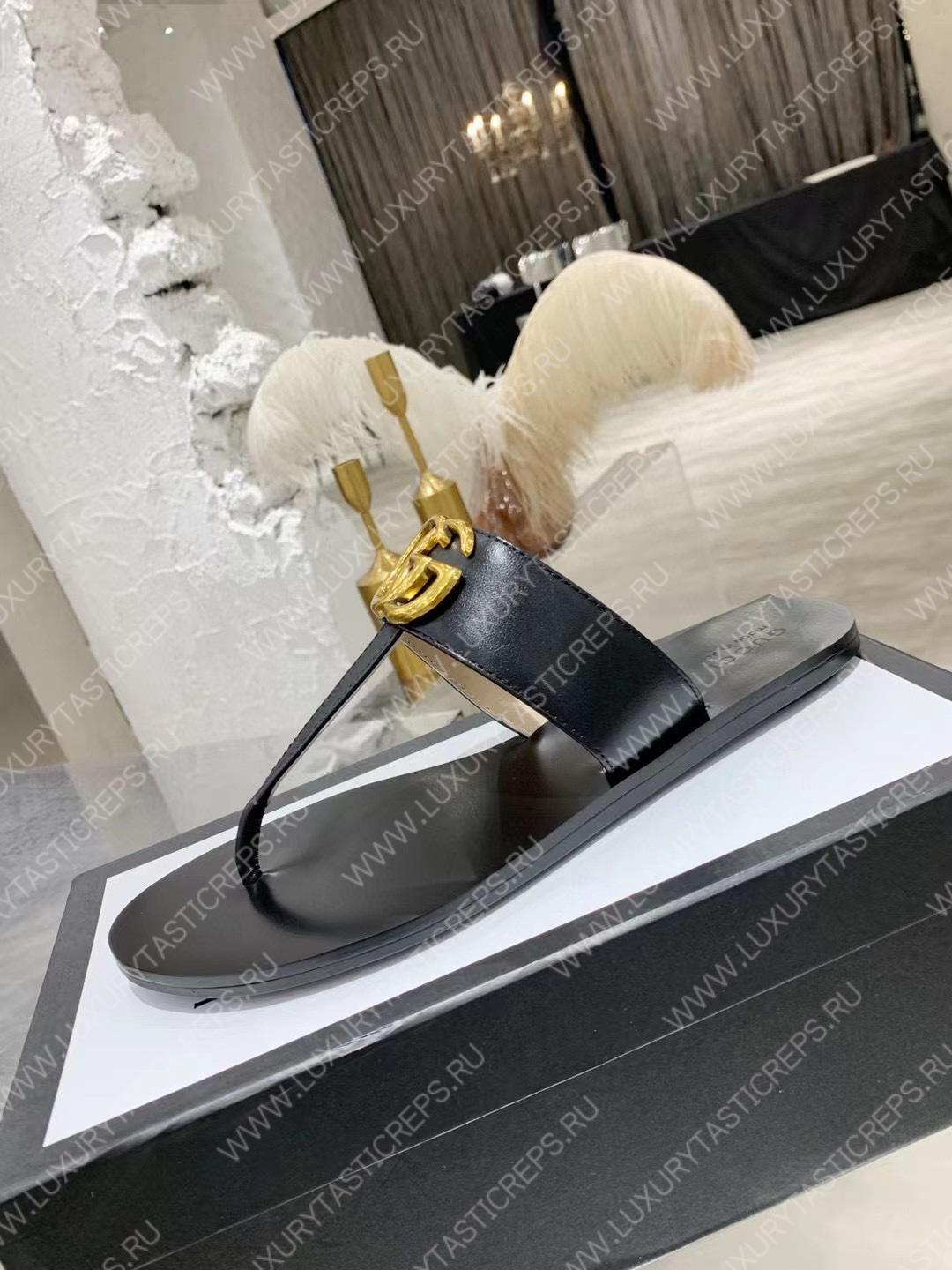 G*u*i leather thong sandal with double g black 497444