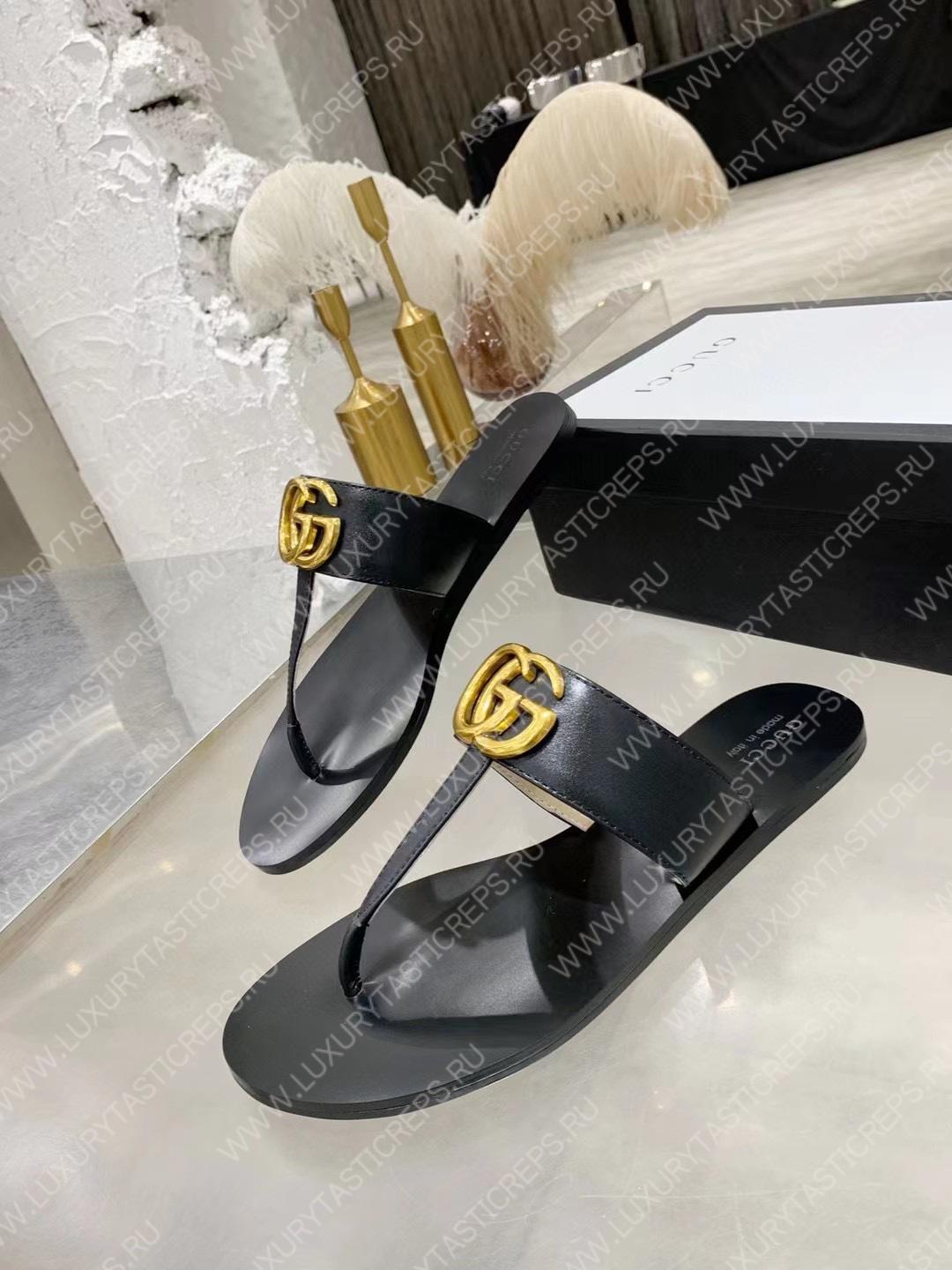 G*u*i leather thong sandal with double g black 497444